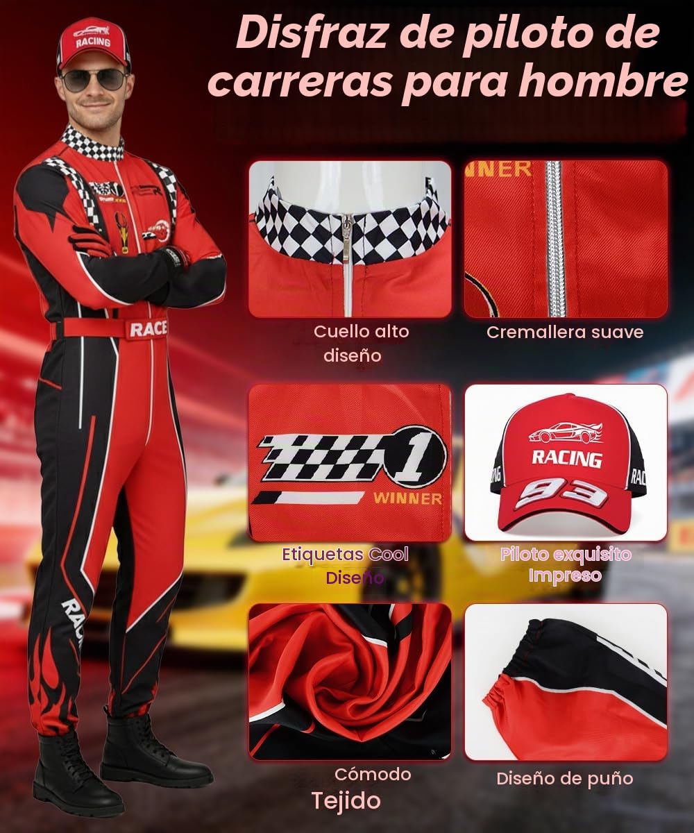 Disfraz de Piloto de Carreras para Hombre, Mono de Carreras para Adultos | Guantes Gafas Sombrero, Bandera a Cuadros Disfraz de Corredor de Línea para Halloween Carnaval Fiesta Cosplay