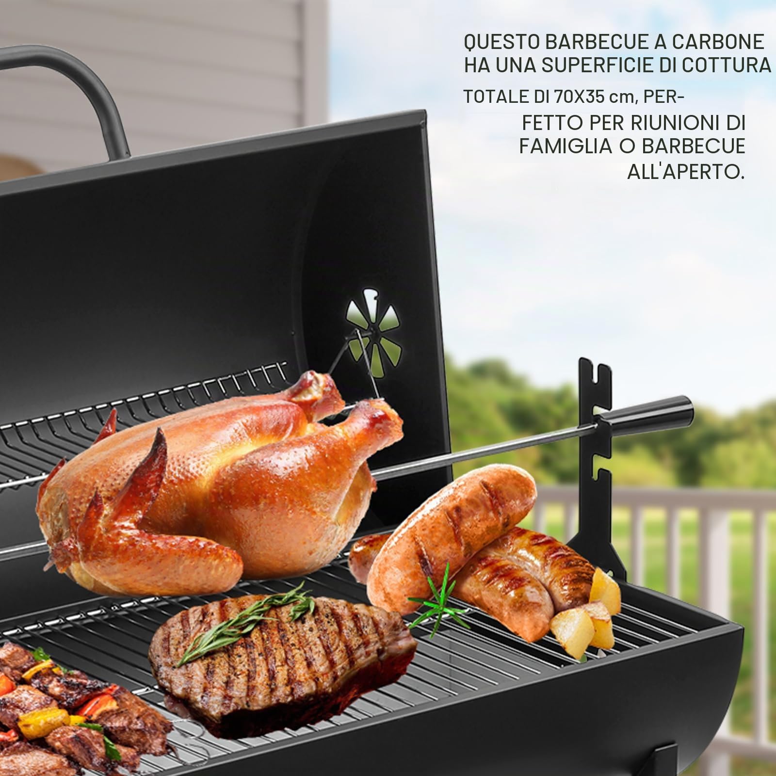 TEENO Grill XXL a carbone di legno, carrello per barbecue con griglia di pollo, barbecue a carbone con coperchio per giardino, terrazza, campeggio