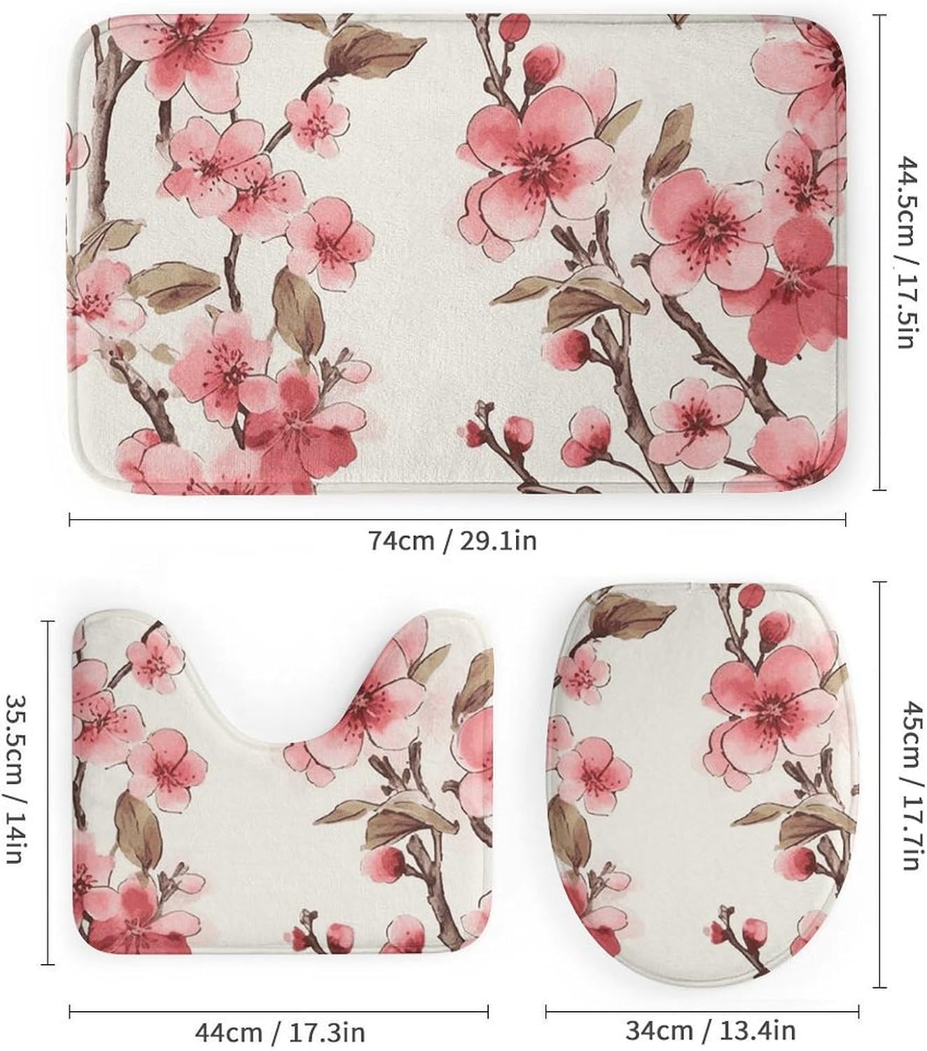 Cherry Blossom Shower Curtains Set 4 Piece with Non-Slip Rugs, Toilet Lid Cover and Bath Mat Soft Bathroom Carpet Waterproof Bathroom Curtain with 12 Hooks for Bathroom Decor