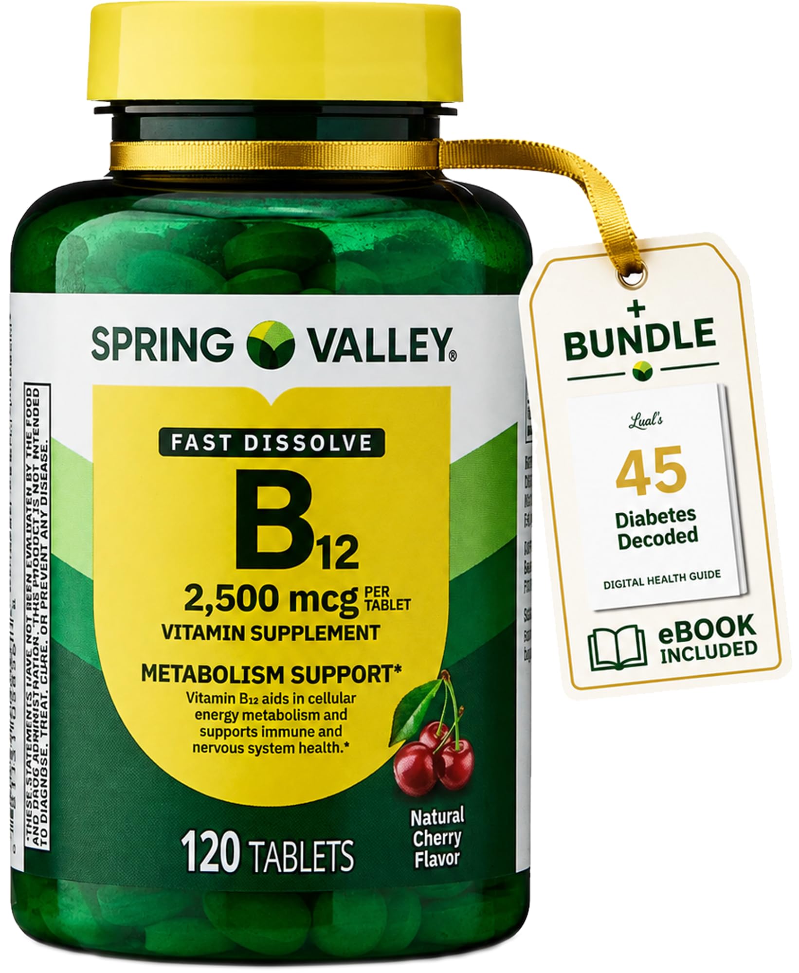 Spring Valley Vitamin B12 Quick-Dissolve Tablets Dietary Supplement | Vitamin B12 2500 mcg | B Vitamins | Vitamin B12 Complex for Women and Men | 120 Tablets Bundle with Lual's 45 Diabetes Decoded