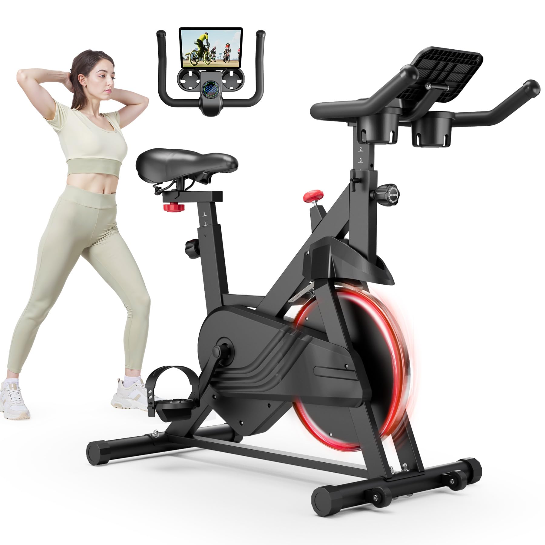 Stationary Bike, Spin Bike with 32 Levels of Adjustable Magnetic, Exercise Bike for Home with Exclusive App, Low Noise Indoor Bike, Cycling Bike with Comfortable Seat Cushion