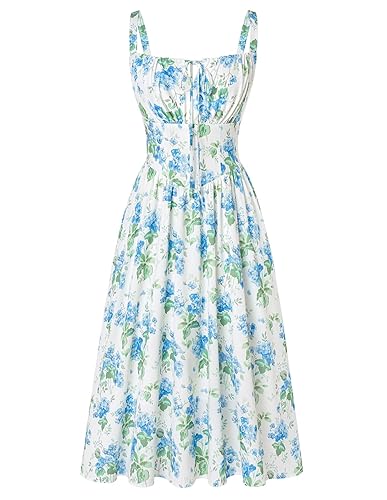 Scarlet Darkness Floral Printed Corset Dress Ruched Bust Cami Dress Flowy Sundress - Small - Blue Green Floral