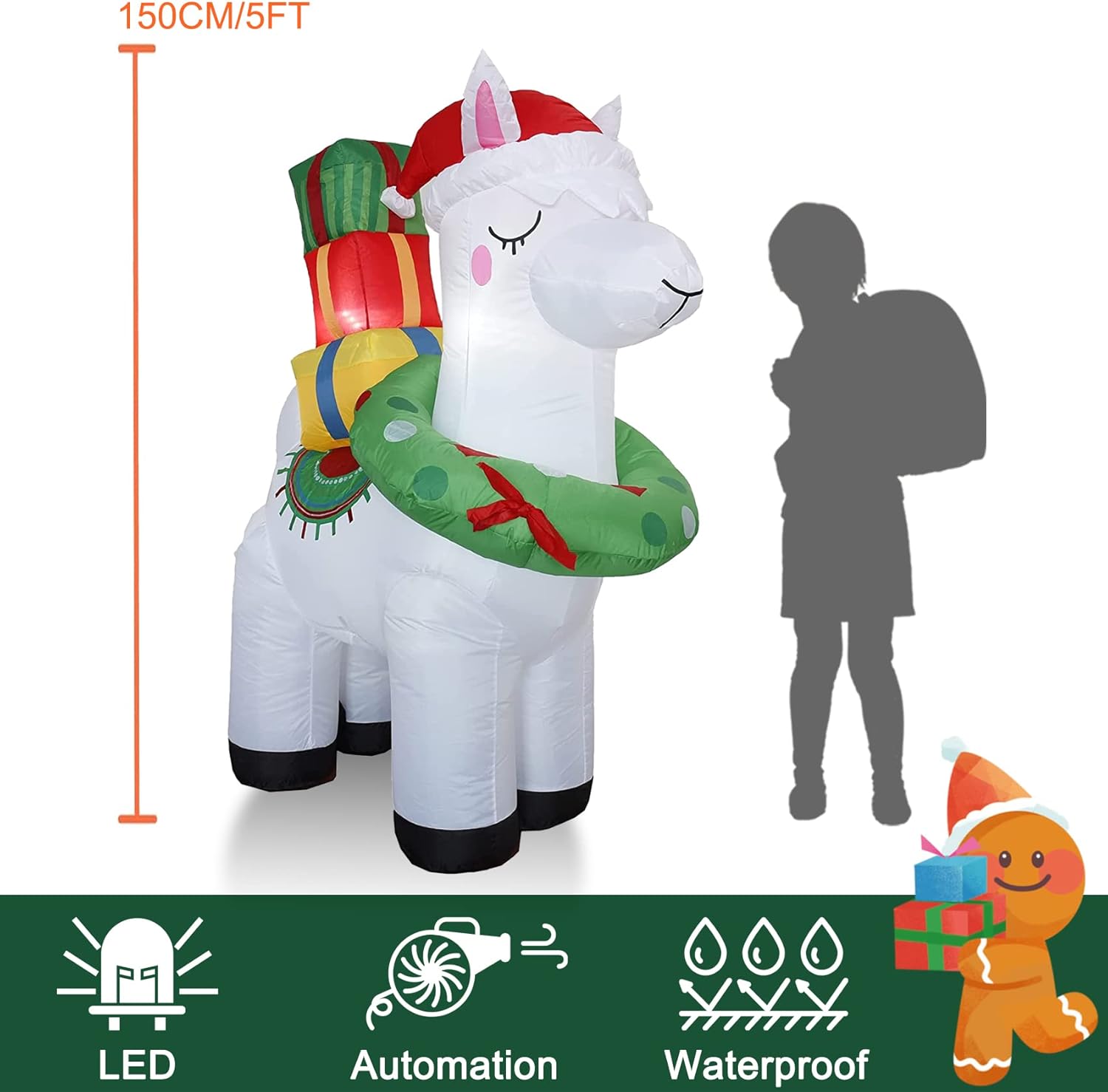 5FT H Lovely Christmas Inflatable Alpaca with Gift Bags and Christmas Wreath Built-in LEDs,Adorable Christmas Inflatable Llama Blow Up for Christmas Party Indoor Outdoor Yard Garden