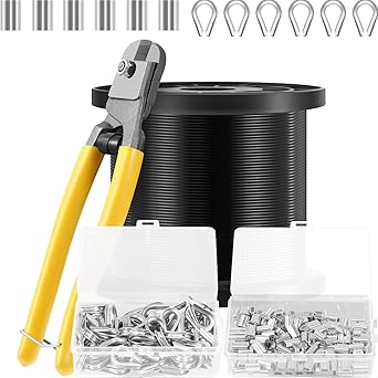 Wire Rope 1/16'' x 246 ft 304 Stainless Steel Black Vinyl Coated Wire Rope Vinyl Coated Cable Stainless Wire with 1 Cutter, 150 Crimping Loop Sleeves, 75 Thimble for Railing Picture Hanging