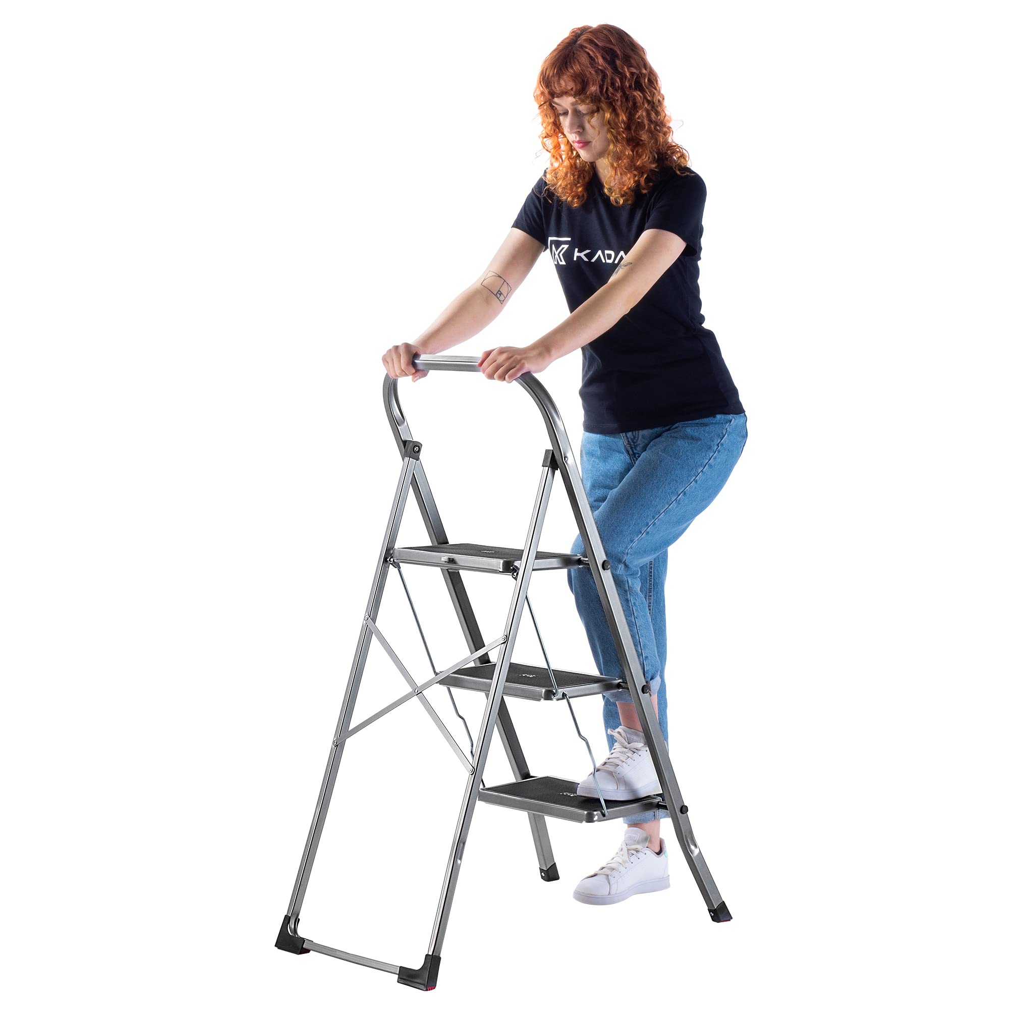 KADAX Drabina aluminiowa, mała, 3-stopniowa, srebrna, 105 x 76 cm, nośność 150 kg, składana, antypoślizgowa