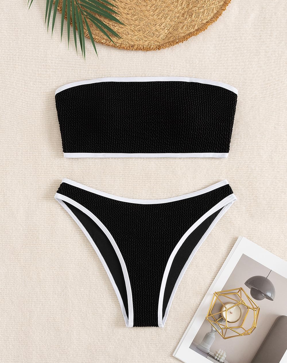 YIMISAN Costume da bagno da donna a due pezzi a fascia, a coste, senza spalline, top a tubo, vita media, Bianco e nero., M