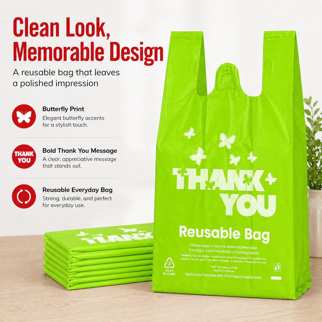 YoYoRain Reusable LDPE Shopping Bags with Handles 12x7x23, 2.25 Mil Thick, Green, 50 Count