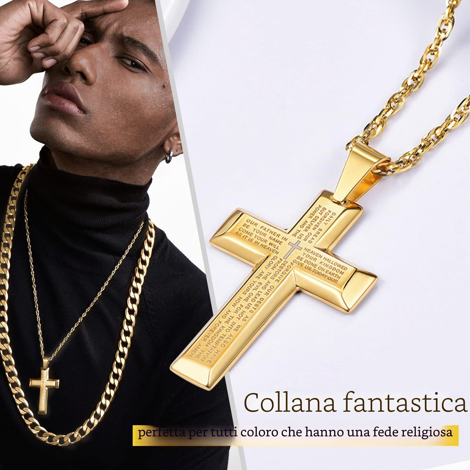 PROSTEEL Collana Crocifissa Uomo Croce Grande con Verso Bibbia, Catena Singapore Regolabile, Gioiello Religioso Cristiano, Acciaio Inossidabile/Placcato Oro 18K, con Confezione, Argento Nero Oro