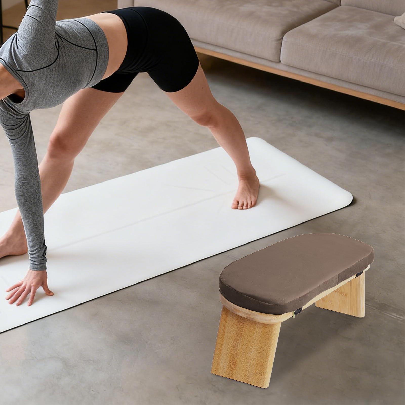 Panca da meditazione, pieghevole in bambù con cuscino in velluto e imbottitura in spugna, inclinazione di 5°, sgabello da meditazione ergonomico, moderno sedile autoportante per yoga