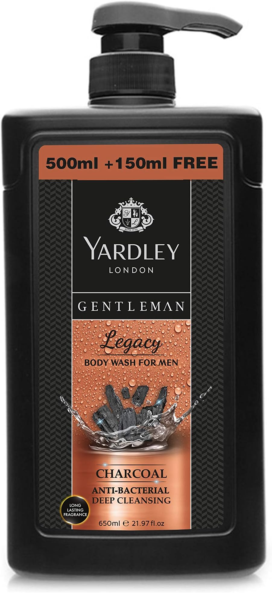 Yardley London Gentleman Antibacterial Deep Cleansing Body Wash, Legacy, 500ml + 150ml