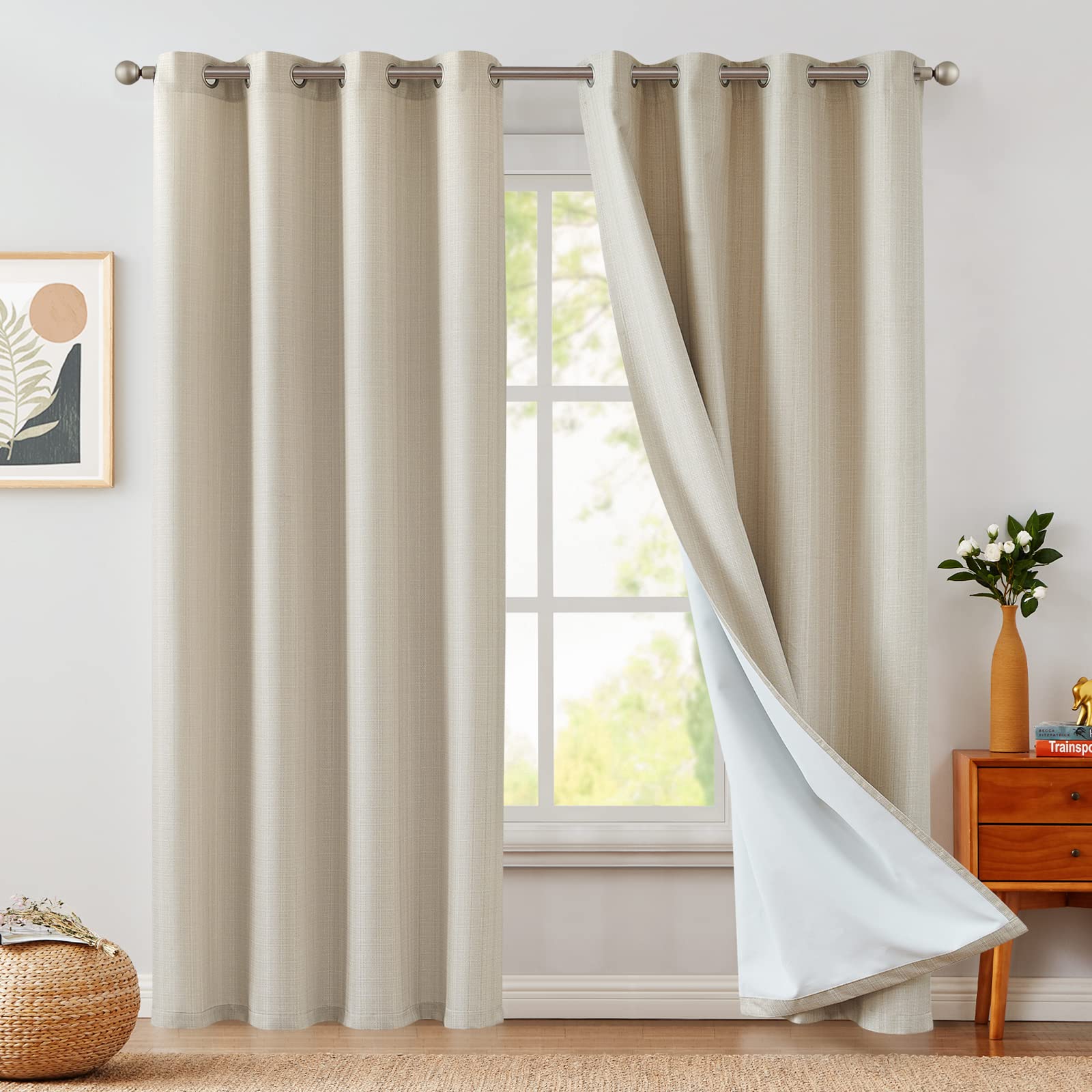 jinchan 100% Blackout Beige Curtains 84 Inches Long for Bedroom Living Room Linen Textured Room Darkening Thermal Insulated Grommet Top Window Treatment Drapes 52" W 2 Panels