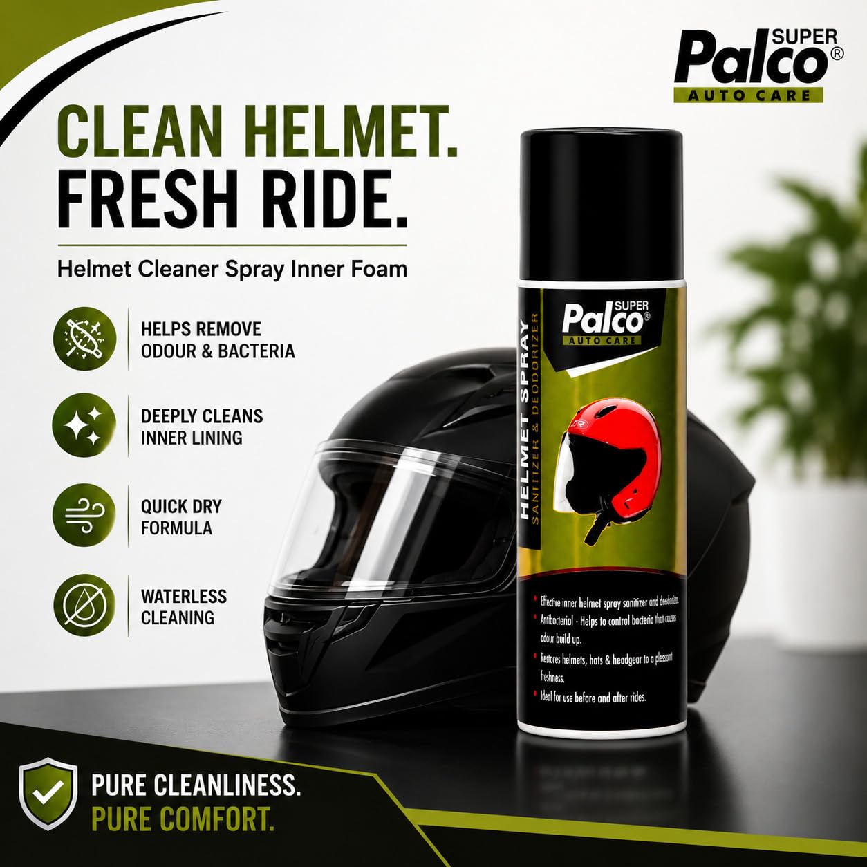 PALCO Helmet Cleaner Spray Inner Foam 150ml (Pack of 1), Sanitizer & Deodorizer Anti-Bacterial Helmet Cleaning Spray, Quick Drying, Safe for Hair & Skin, Helmet Interior Cleaner Removes Bad Odor 4