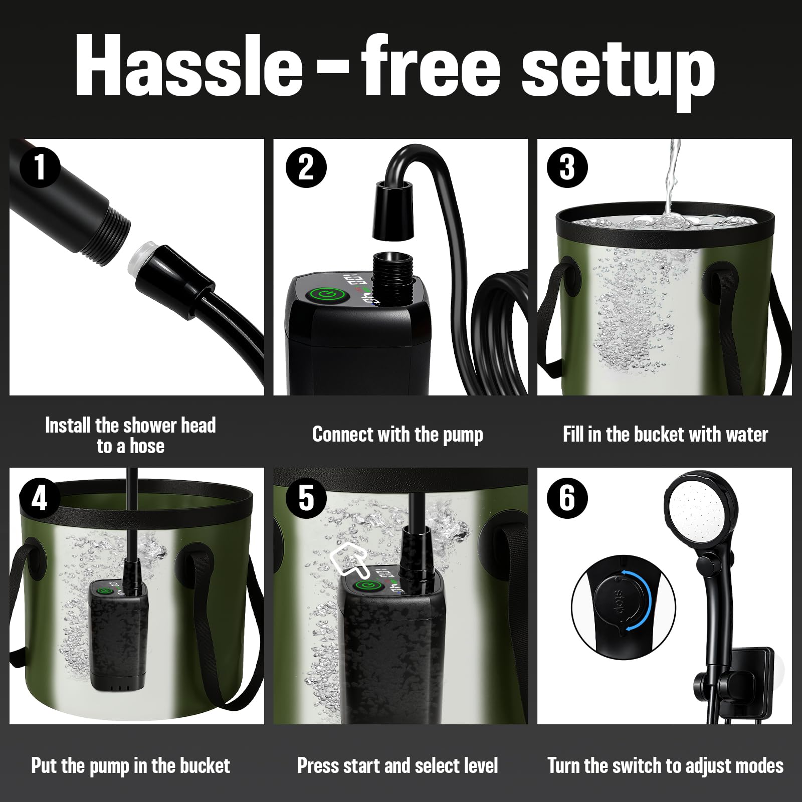 Doccia da campeggio portatile, 6000 mAh, pompa doccia portatile ricaricabile, secchio pieghevole di grande capacità, soffione doccia filtrato, doccia esterna per campeggio, escursionismo, camper