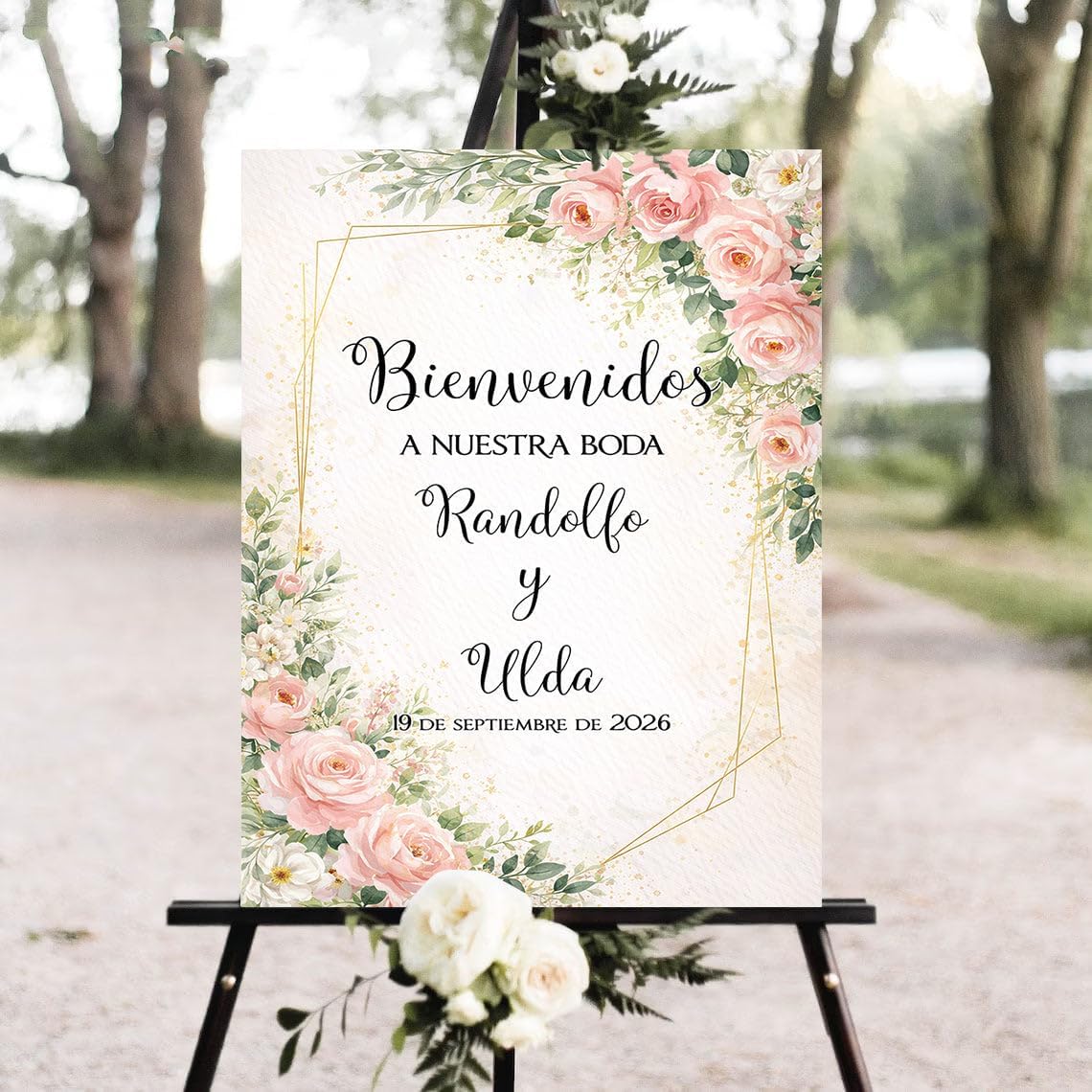 Personalized Spanish Wedding Welcome Sign “Bienvenidos a Nuestra Boda”, Custom Names & Date, Waterproof Weather-Resistant, Single or Double-Sided Print, Optional Stand #7