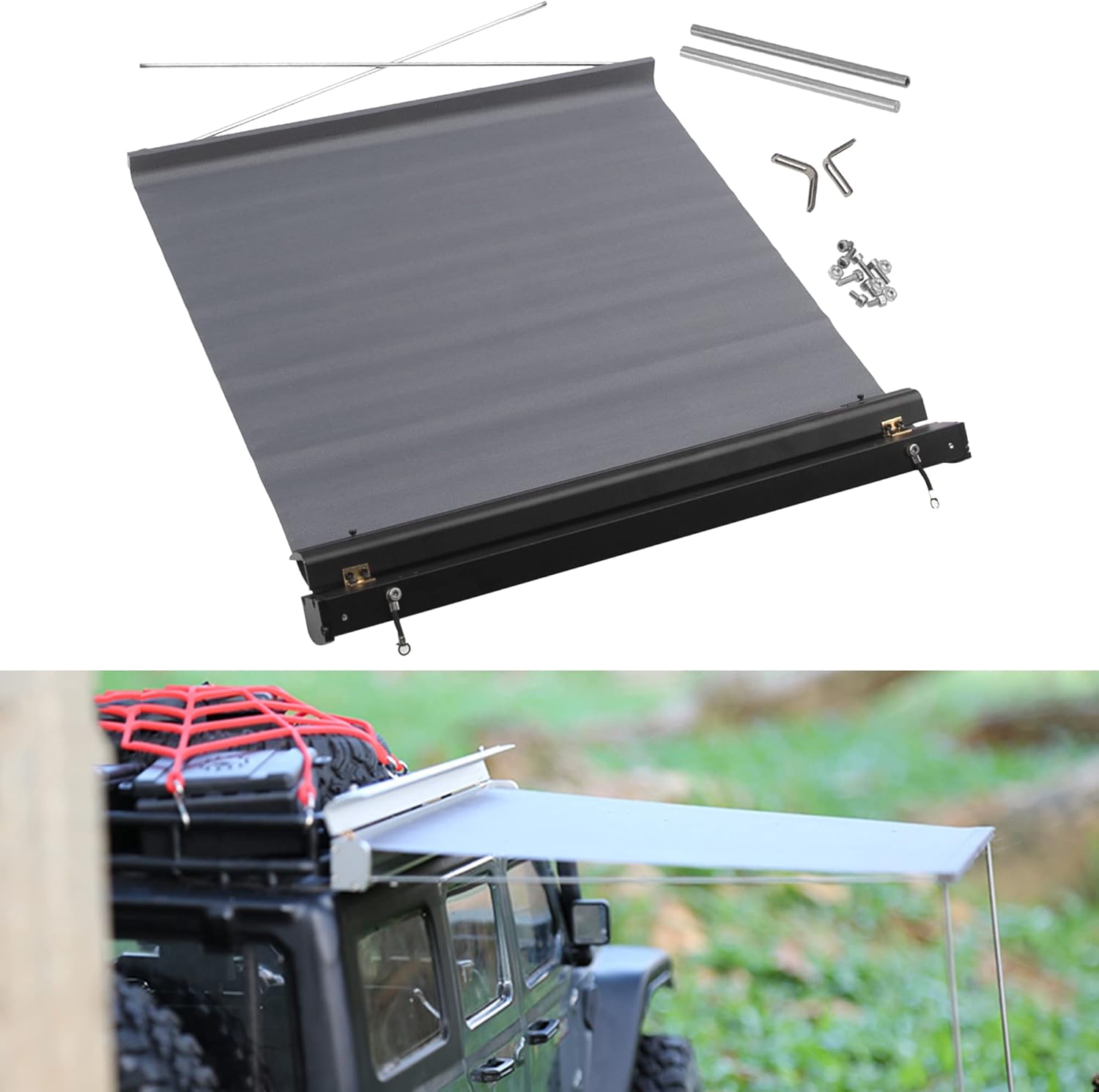 8.6" x8.6" RC Car Simulation Side Car Roof Top Tent Rain Canopy Sunshade Decoration Accessory Compatible with Traxxas TRX4 Axial SCX10 Tamiya Arrma D90 1/10 RC Crawler (Black)