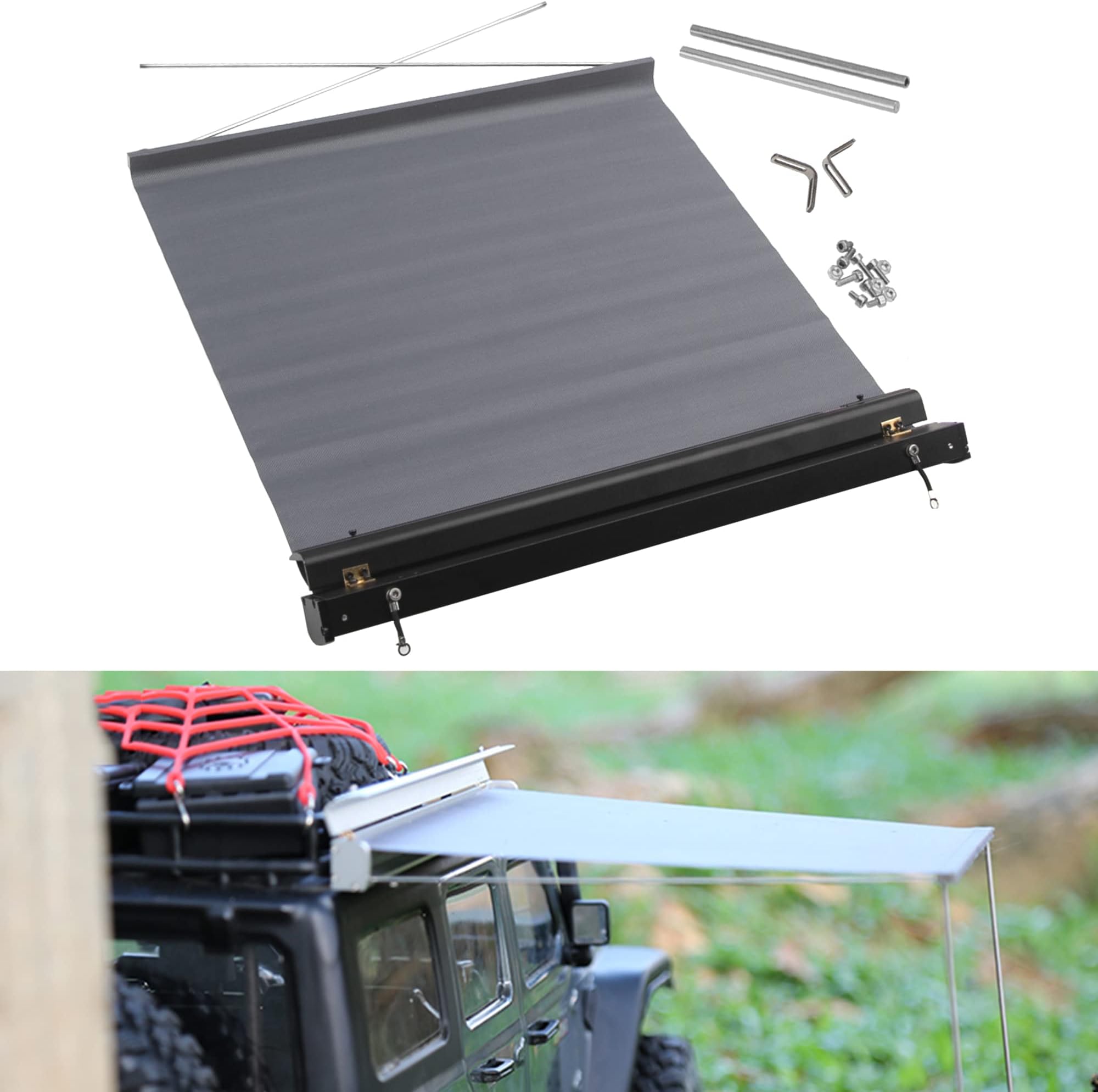 8.6" x8.6" RC Car Simulation Side Car Roof Top Tent Rain Canopy Sunshade Decoration Accessory Compatible with Traxxas TRX4 Axial SCX10 Tamiya Arrma D90 1/10 RC Crawler (Black)