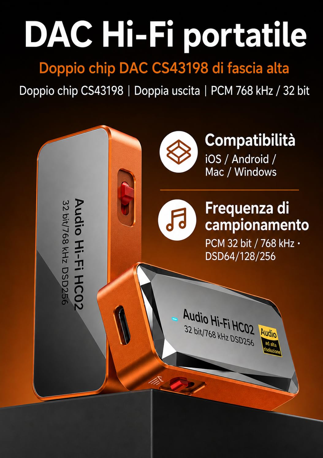 DAC USB C Amplificatore per Cuffie, Dongle DAC Portatile CS43198, Jack 3,5 mm e 4,4 mm, Hi-RES 32 bit/768 kHz, DSD256, Scheda Audio Esterna per IEM, Smartphone, Tablet e PC, Arancione