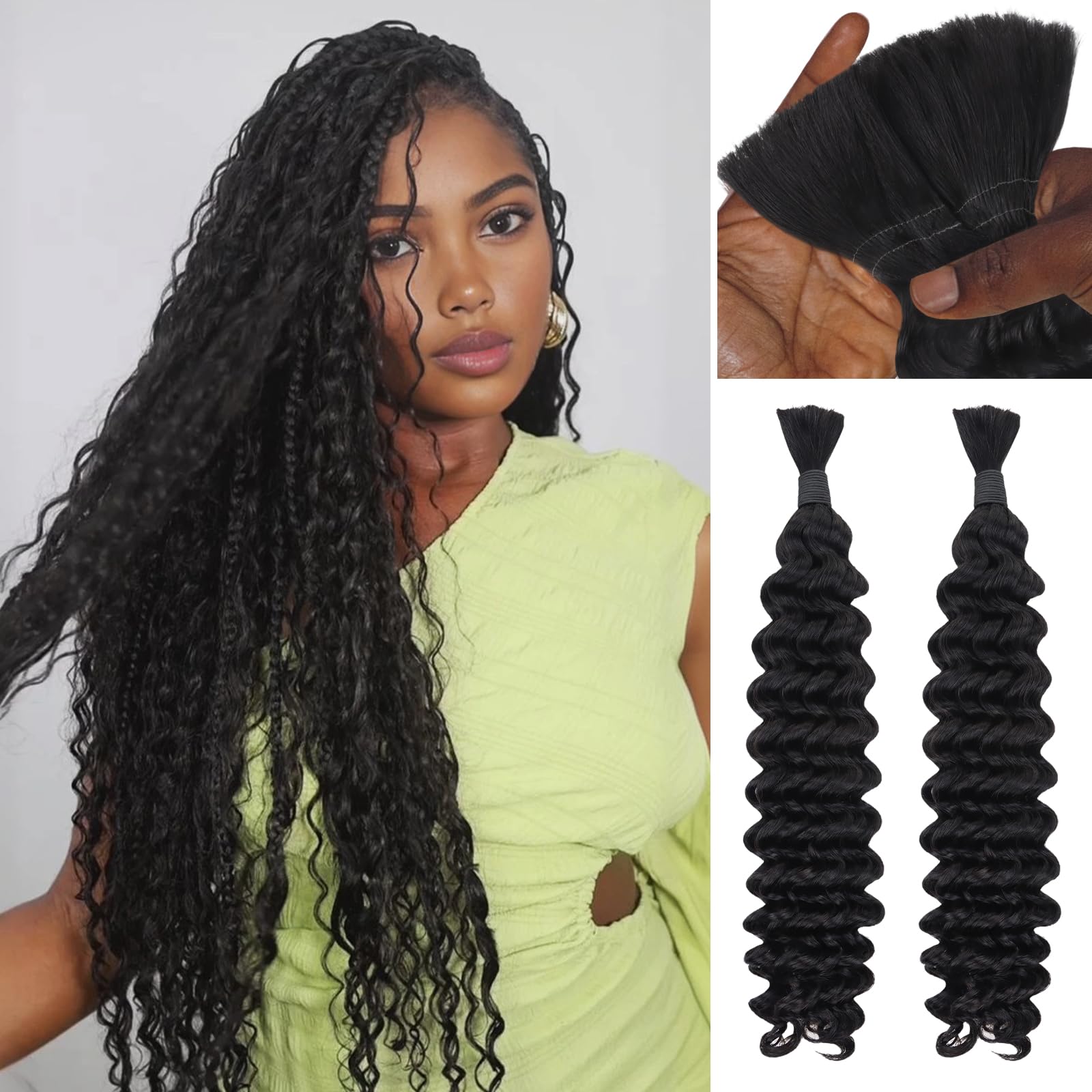 IDN BEAUTY Pre Divided Human Braiding for Boho Braids Hair Extensions, 16 Inch 100g Natrual Black Deep Wave Human Hair for Braiding Bohemian No Weft