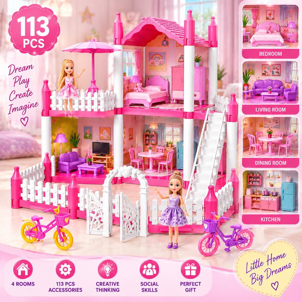 4 Room Doll House Villa - Girls Play Set -3 4 Room Doll House Villa - Girls Play Set -3