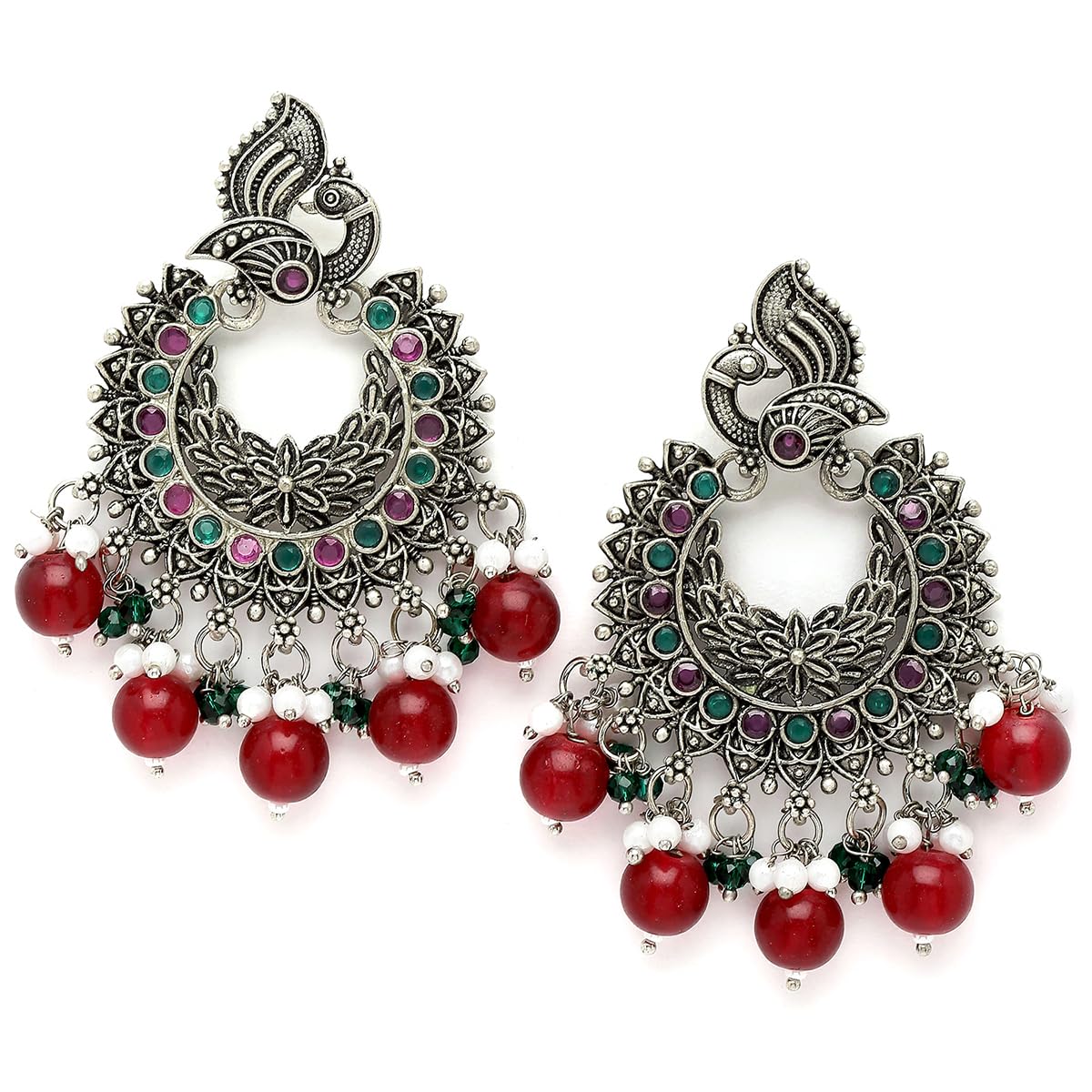 Karatcart Oxidised Silver Peacock Design Red and Green Kundan Dangler Earrings for Women (B0CFXK773M) Amazon Price History, Amazon Price Tracker