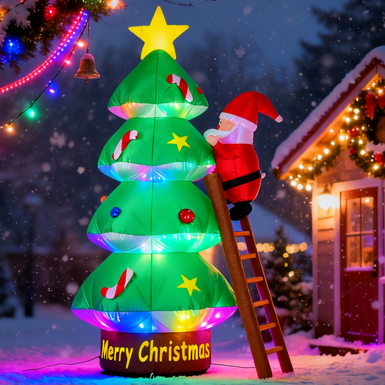 Sapin de Noël Gonflable, 210CM Decoration Noel Exterieur Gonflable avec Lumières LED, Sapin Gonflable Decoration avec Père Noël et échelle pour Jardin, Pelouse, Terrasse, Fête