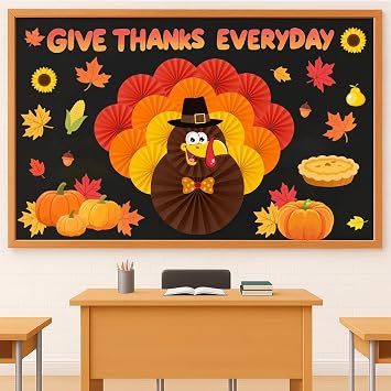 Aovaely 65 PCS Thanksgiving Bulletin Board Decorations, 3D Turkey Paper Fans Give Thanks EveryDay Paper Cutouts Pumpkins Maple Leaves November Thanksgiving Party Decorations for School Home Office
