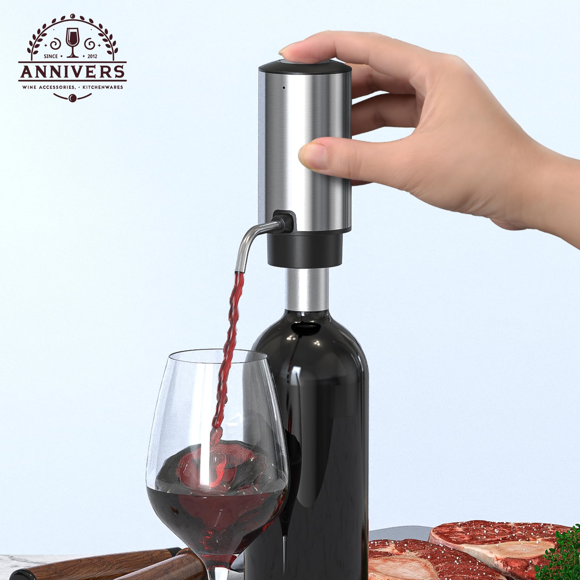 Elektrischer Weindekanter Automatischer Weinbelüfter Spender Ausgießer, USB-C Wiederaufladbare Aufbewahrungsbasis Edelstahlrohr One-Touch-Pumpe für alle Wein Btls, Aérateur Distributeur de