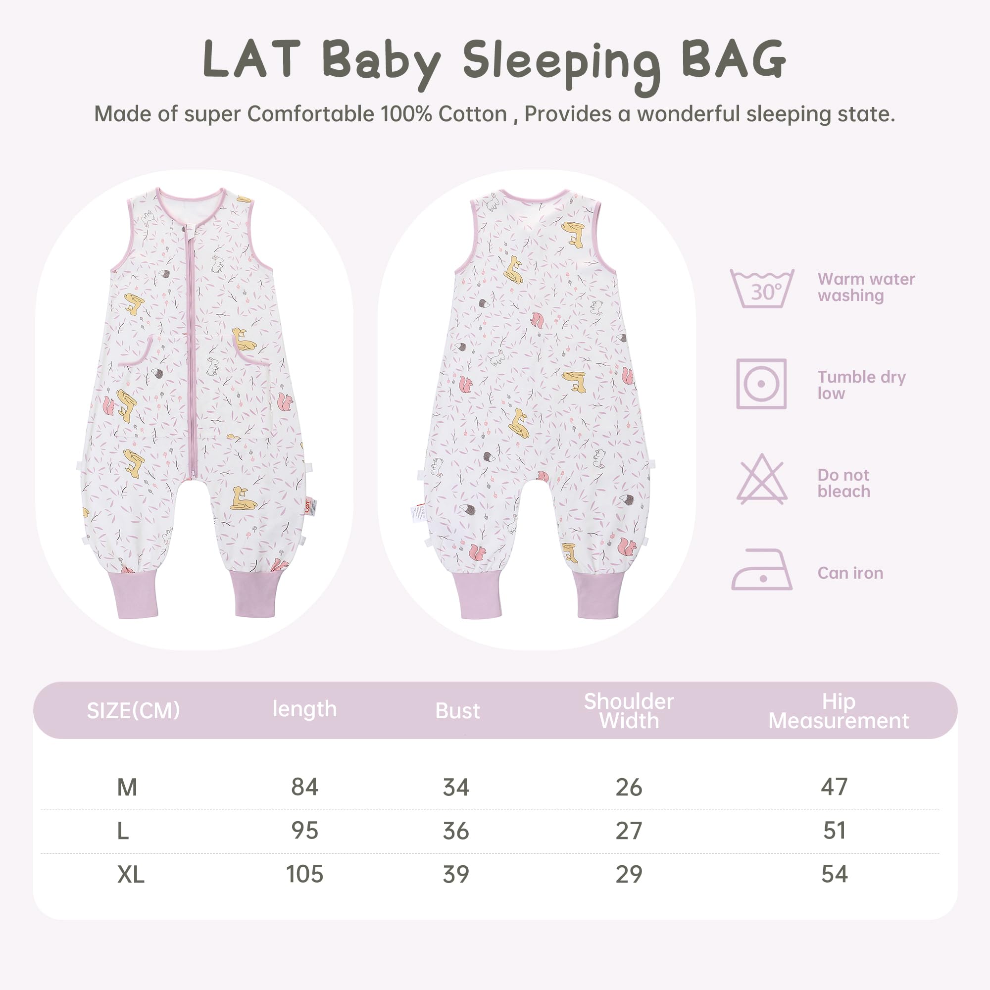 LAT Paquete de 2 Saco de Dormir para Bebé con Pies, 0,5 TOG Saco de Dormir Bebe Verano, 100% Algodón Transpirable Pijiama Manta con Pies para Bebe (Conejo+Blanco, L)