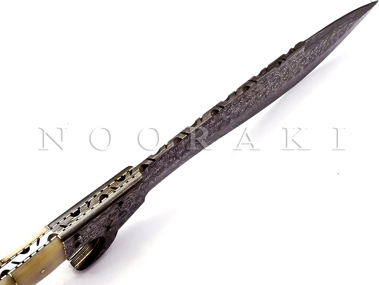 NOORAKI - 18 inches Handmade Damascus Steel Machete/ Kukri Knife, Bushcraft Knife, Hunting Knife, Camping Knife, Collectors Knife, Survival Knives Full Tang Handle With Leather Sheath Outdoor Men Knives (Camel bone)