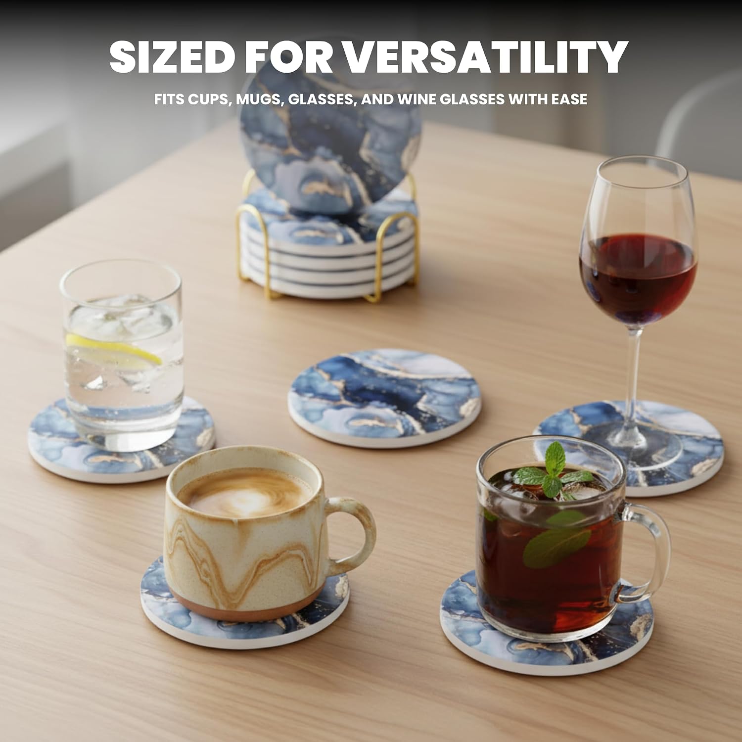 6 Pcs Navy Blue Marble Abstract Ceramic Coasters with Holder – Premium Drink Coasters, 600g Elegant Modern Design for Home, Office, Bar & Dining Table Protection