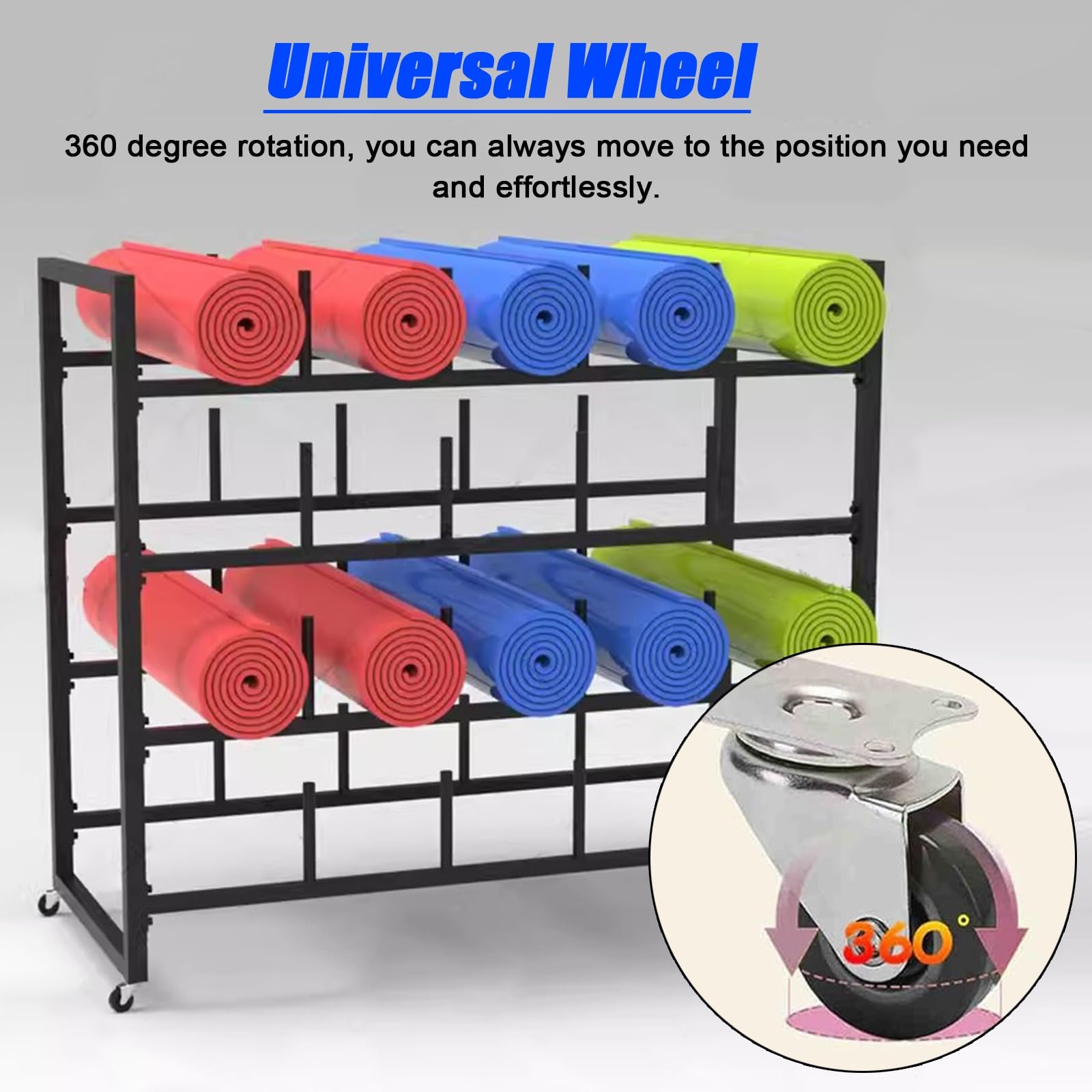 Soporte para Esterilla de Yoga, Resistente con Ruedas - Carrito multitattoo para Gimnasio, hogar y Clases de Fitness - Estructura de Acero Resistente para esterillas de Ejercicio y Rodillos