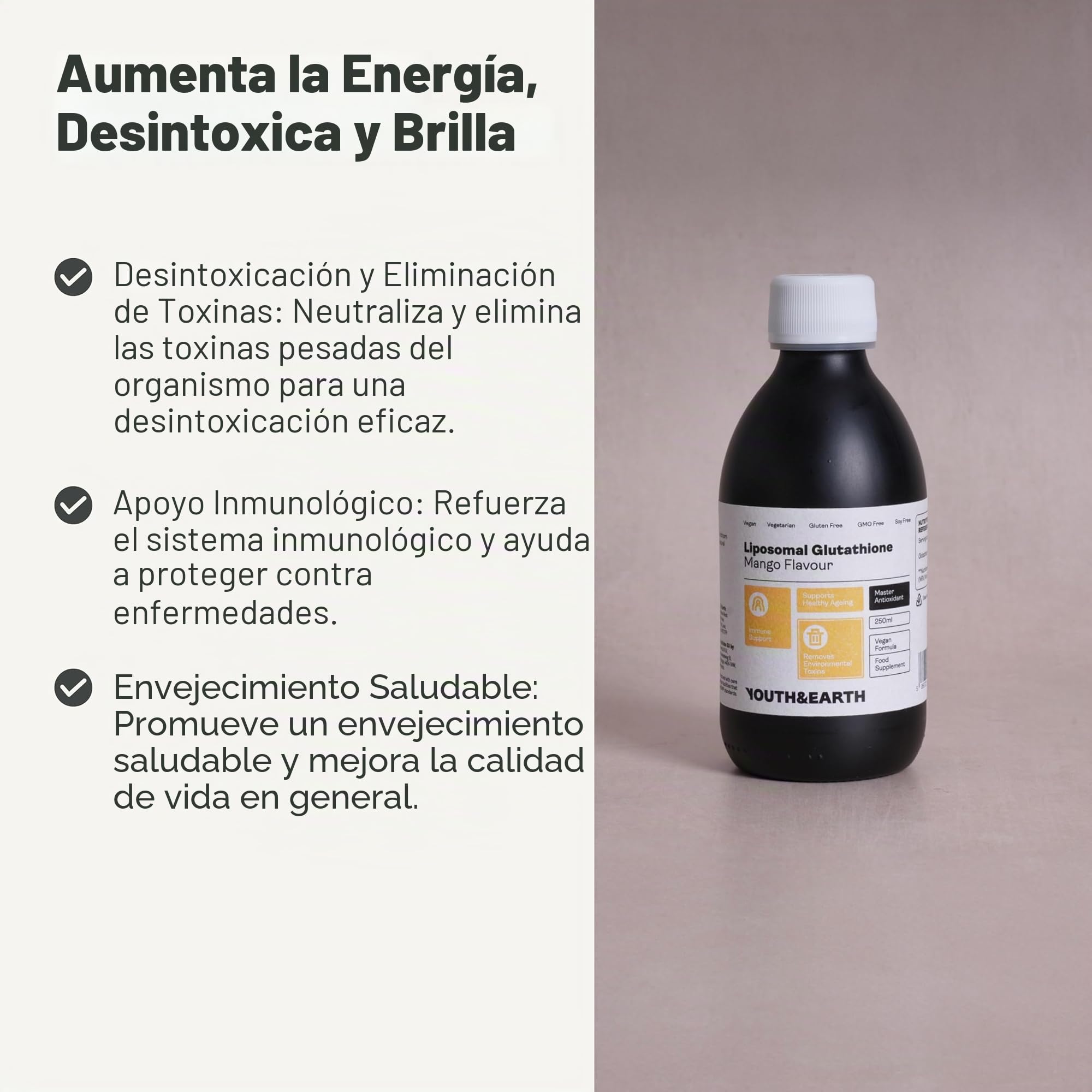 Youth & Earth Suplemento Líquido de Glutatión Liposomal, Mango, 250 ml