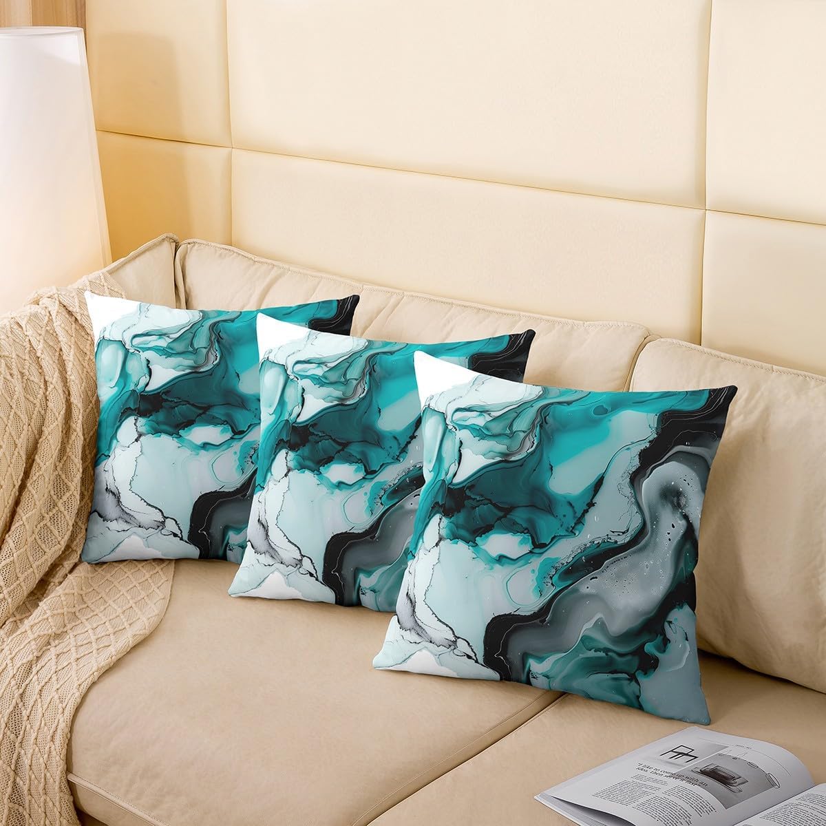 Feelyou Green Black Marble Square Cushion Covers Set of 4, Marble Kids Boys Girls Throw Pillow Covers Texture Pillow Watercolor 16 x 16-Inch