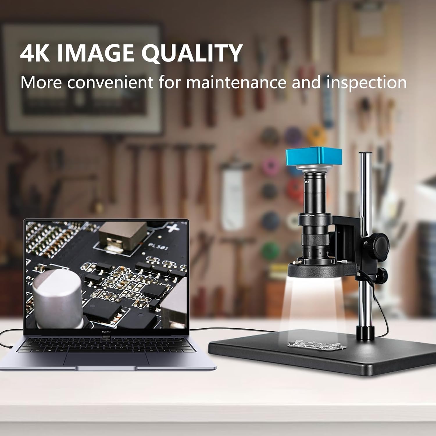 4K Digital Microscope with 180X Zoom Lens, Ultra-Stable Base Stand, Adjustable LED Ring Light, HDMI/Type-C Output, 60MP Industrial Inspection Camera for PCB Soldering, Coin Viewing, Jewelry