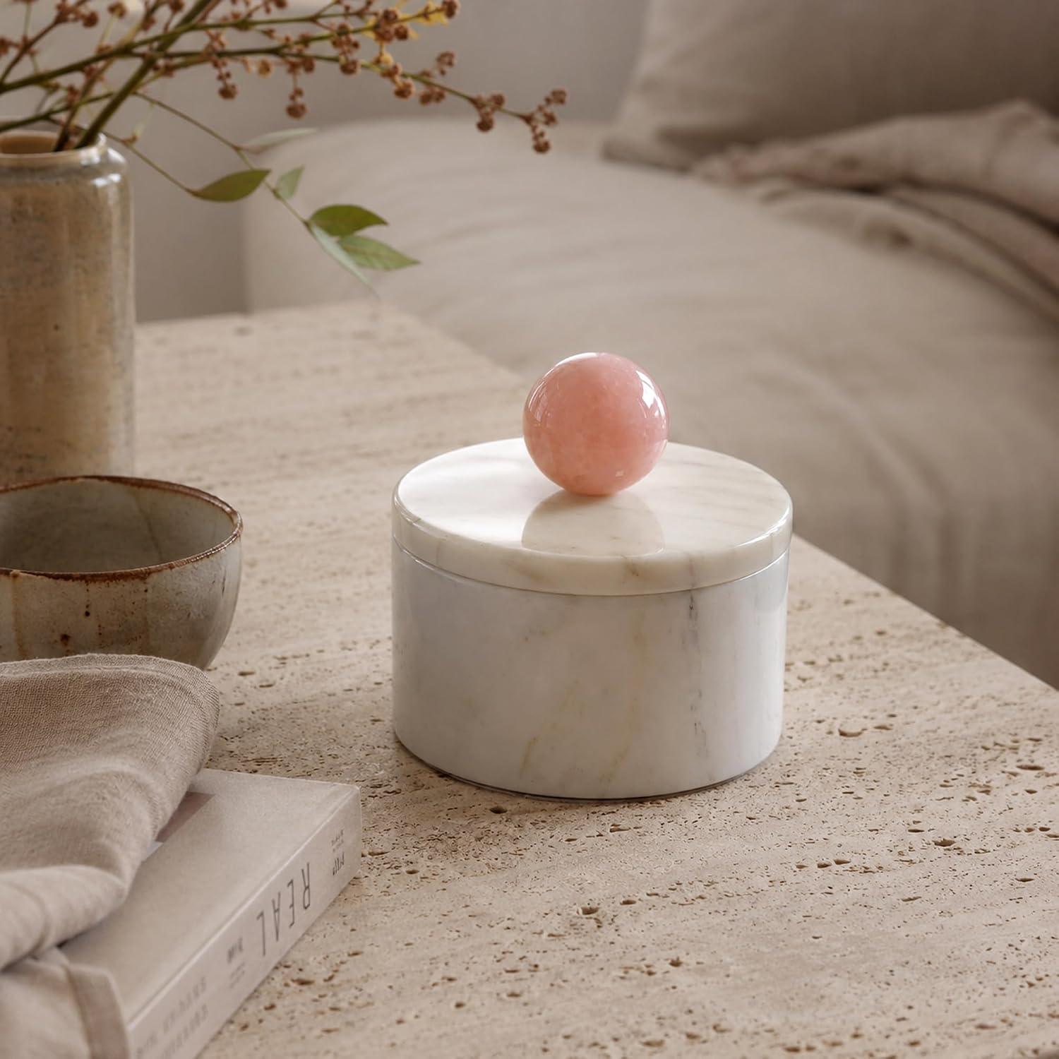 Homestia White Marble Spice Jar with Rose Quartz Crystal Lid, Salt Cellar | Natural marble spice jar with a rose quartz crystal lid, blending elegant storage, durable craftsmanship, and modern décor.