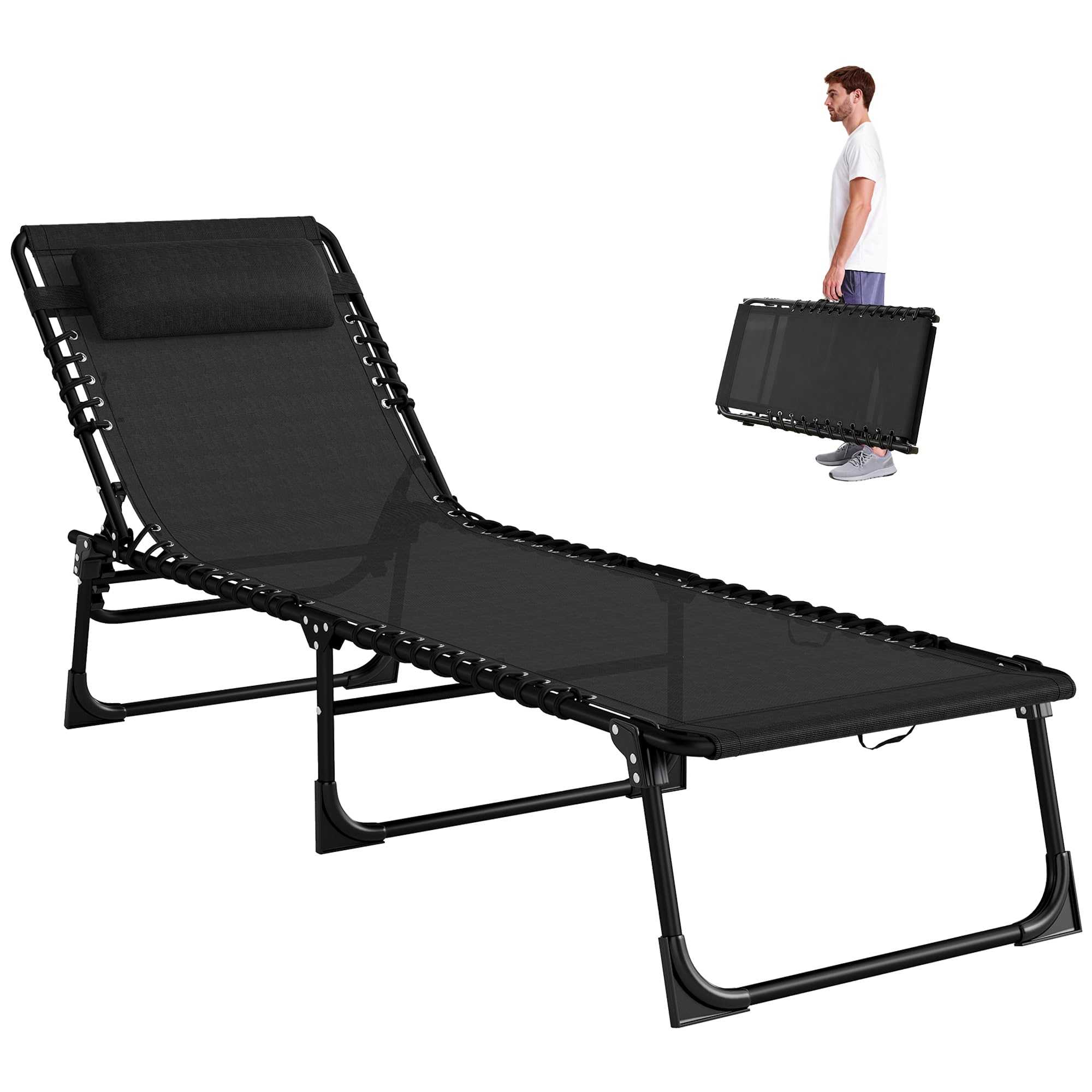 Outsunny Tumbona Plegable, Tumbona Jardín Exterior Reclinable 4 Posiciones con Reposacabezas y Marco de Acero, Carga 120 kg, para Terraza, Piscina, Playa, 189x58x30 cm, Negro