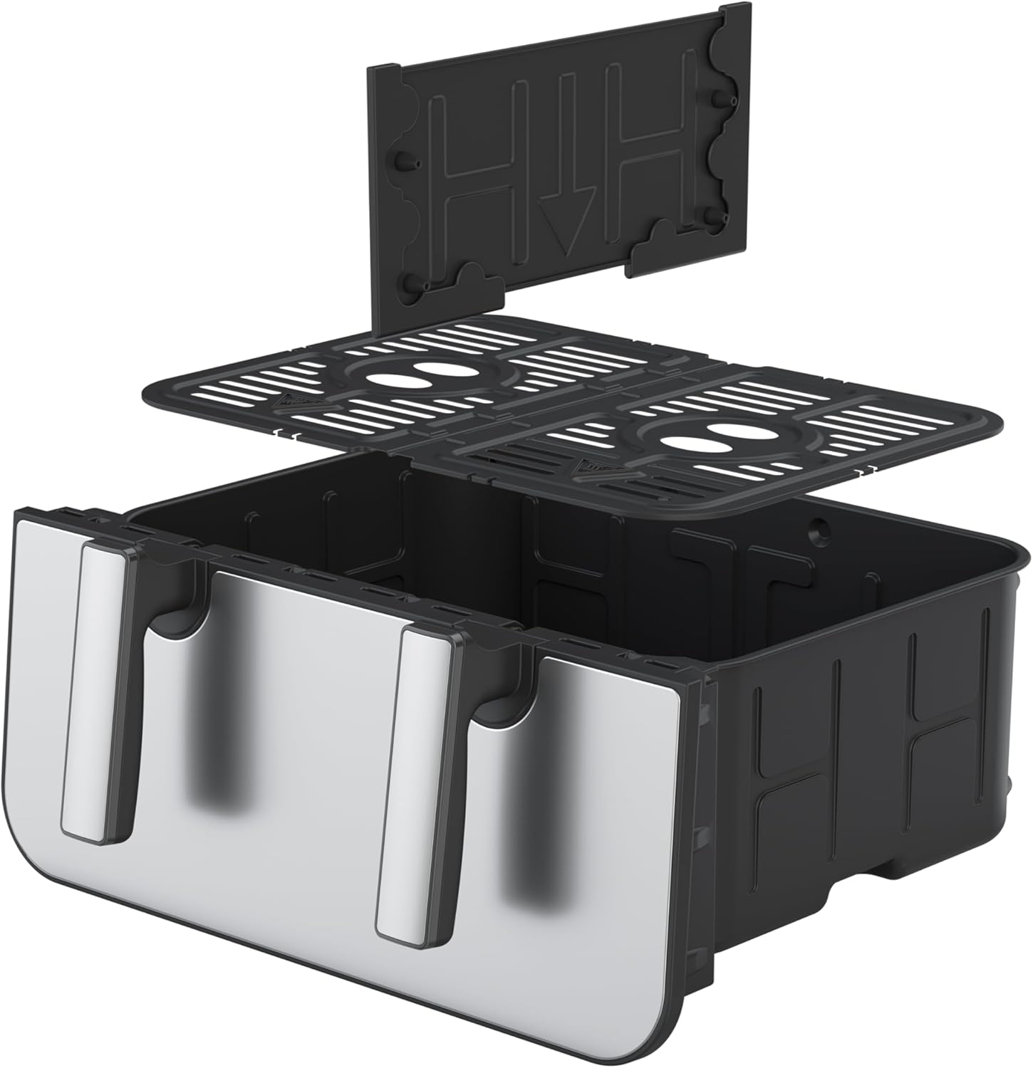 Exploded view of the air fryer drawer components, including the main basket, crisper plate, and divider