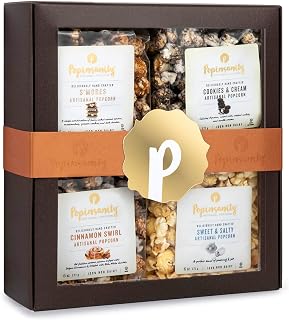 POPINSANITY Gourmet Popcorn Gift Set In A Deep Chocolate Brown Deluxe Box. Overflowing with 4 Bags x 6 Oz Most Popular Popped Popcorn Flavors. Kosher, Non-GMO, Dairy-Free. Variety Prime Gift Basket.