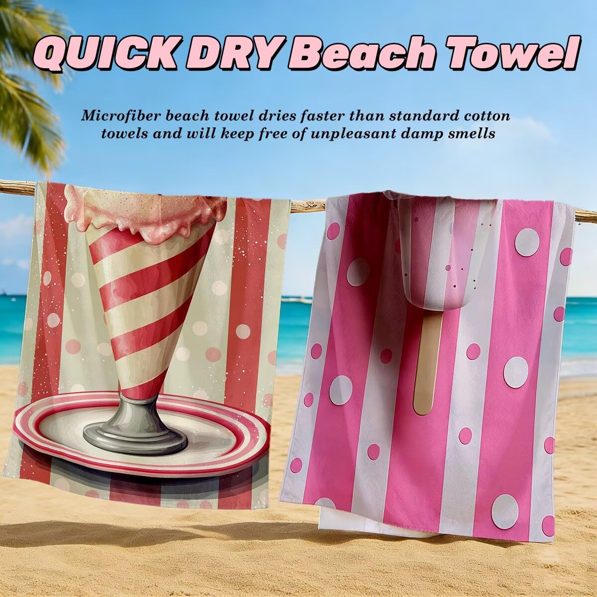Toalla Playa 80x160 cm, Toalla Gimnasio Microfibra Secado Rapido, Juego de 2 Antiarena Toallas de Playa, Ligera Compacta Toallas Microfibra Grande para Viaje, Regalo Hombre Regalo Mujer (Helado) -4295