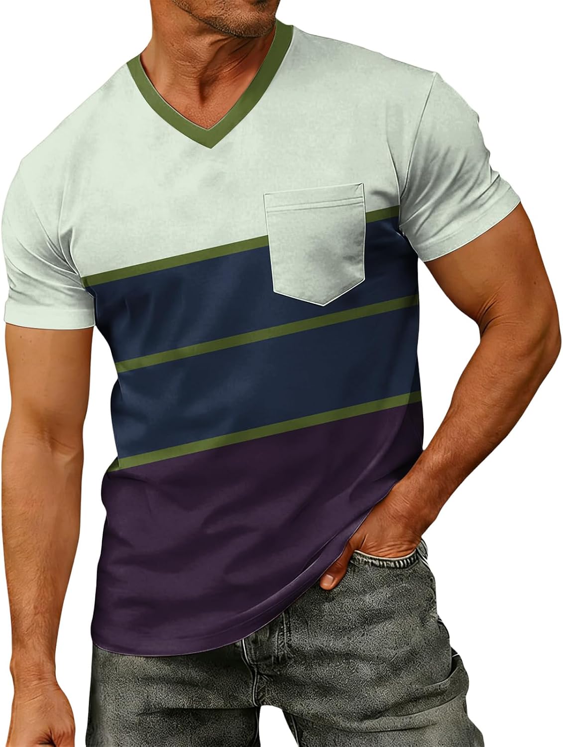 RTRDE Men's Casual T Shirts Short Sleeve V Neck Striped Print Summer Casual Daily Tshirts, S-4XL