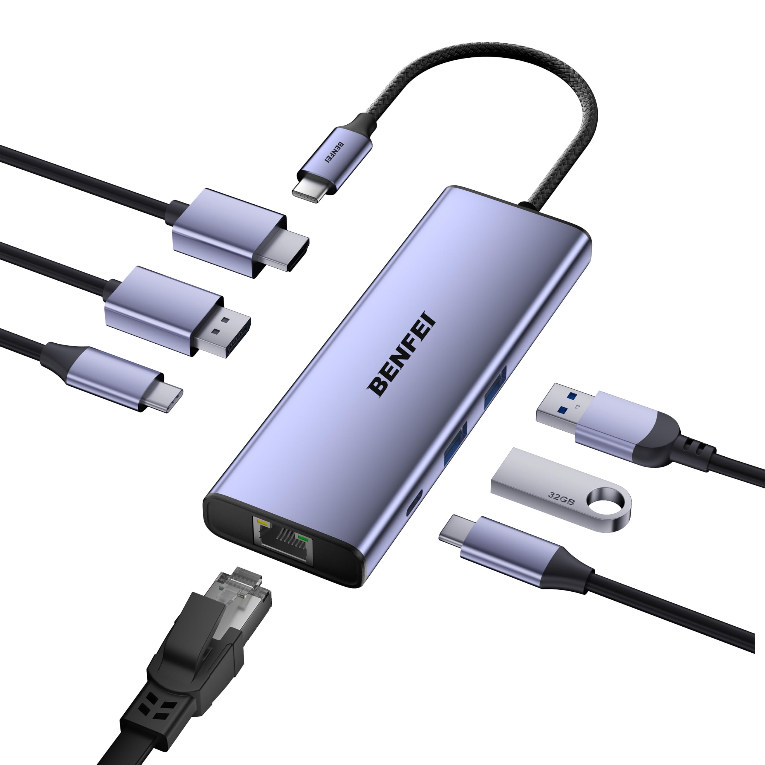 BENFEI Hub USB-C MST 7-in-1, DisplayPort 8K e HDMI 4K a 60 Hz, Gigabit Ethernet, PD da 100 W, 1 porta USB-C da 5 Gbps e 2 porte USB-A 3.0 per MacBook, iPad, iMac, iPhone 17/16/15, Galaxy, XPS