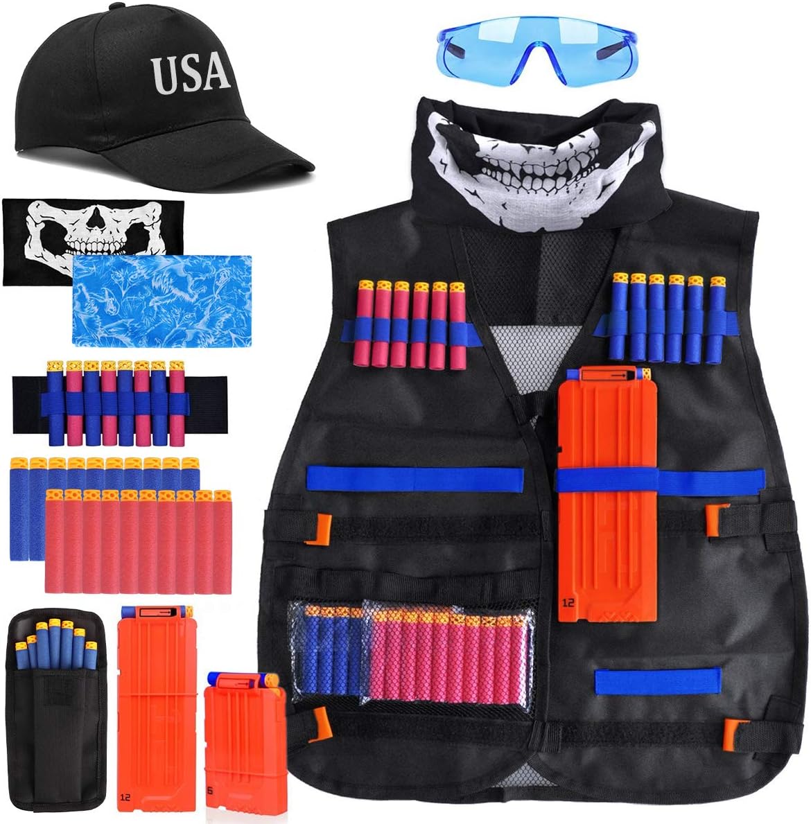Tactical Vest Kit - Kids Tactical Jacket Vest for Nerf Guns N-Strike Elite Series with Tactical Face Mask, 2 Reload Clips, Wrist Band, Safety Glasses and Foam Bullets Darts for Boys Age 7 8 9 10