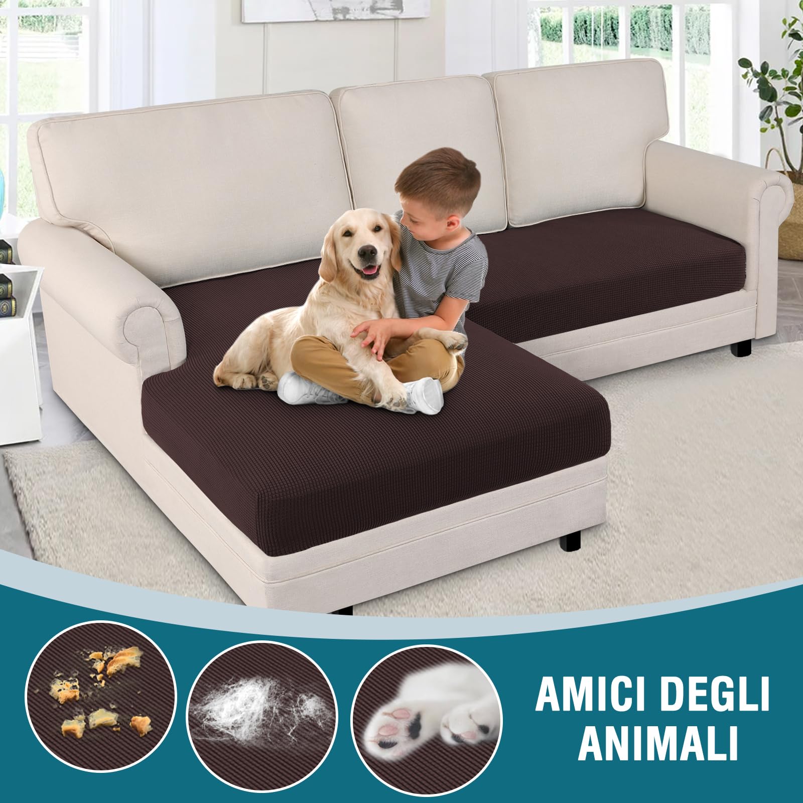 BellaHills Copridivano Elasticizzato, Telo Copridivano Universale con Penisola a Sinistra/Destra per Divani Forma di L Elasticizzato, Copridivano Antigraffio Gatto (2 Posto + Chaiselongue, Marrone)