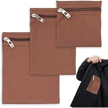 3 Pack Sew-in Side Pocket with Zipper, 3 Sizes Coat Inside Pockets, Travel Security Pocket Hidden Wallet Secure Side Pocket for Recovery Pockets for Clothing Including Coats,Sweatshirts, Brown