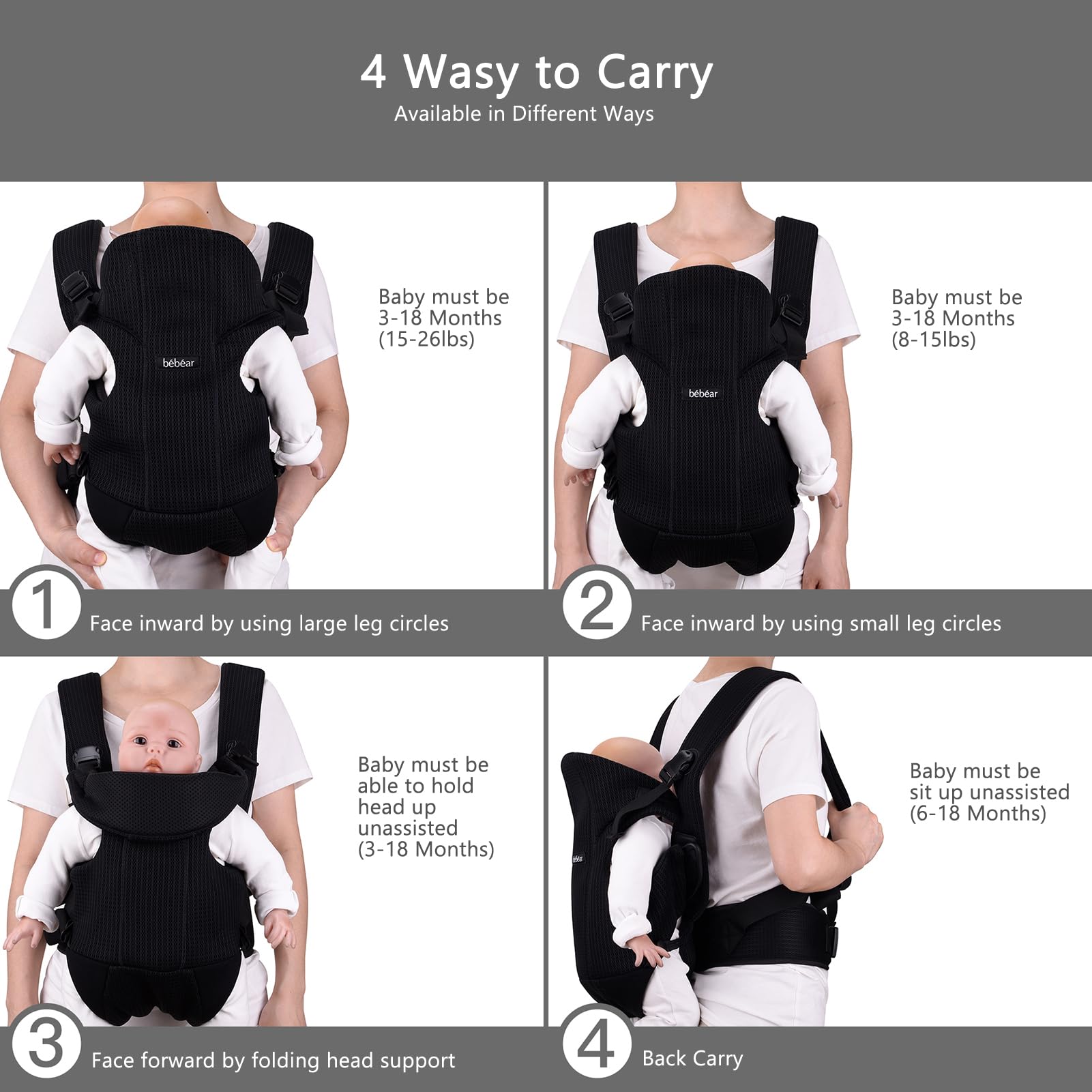 Babamur correas para bebés delanteras y traseras, correas para bebés con 2 bolsos para hombros,Beige