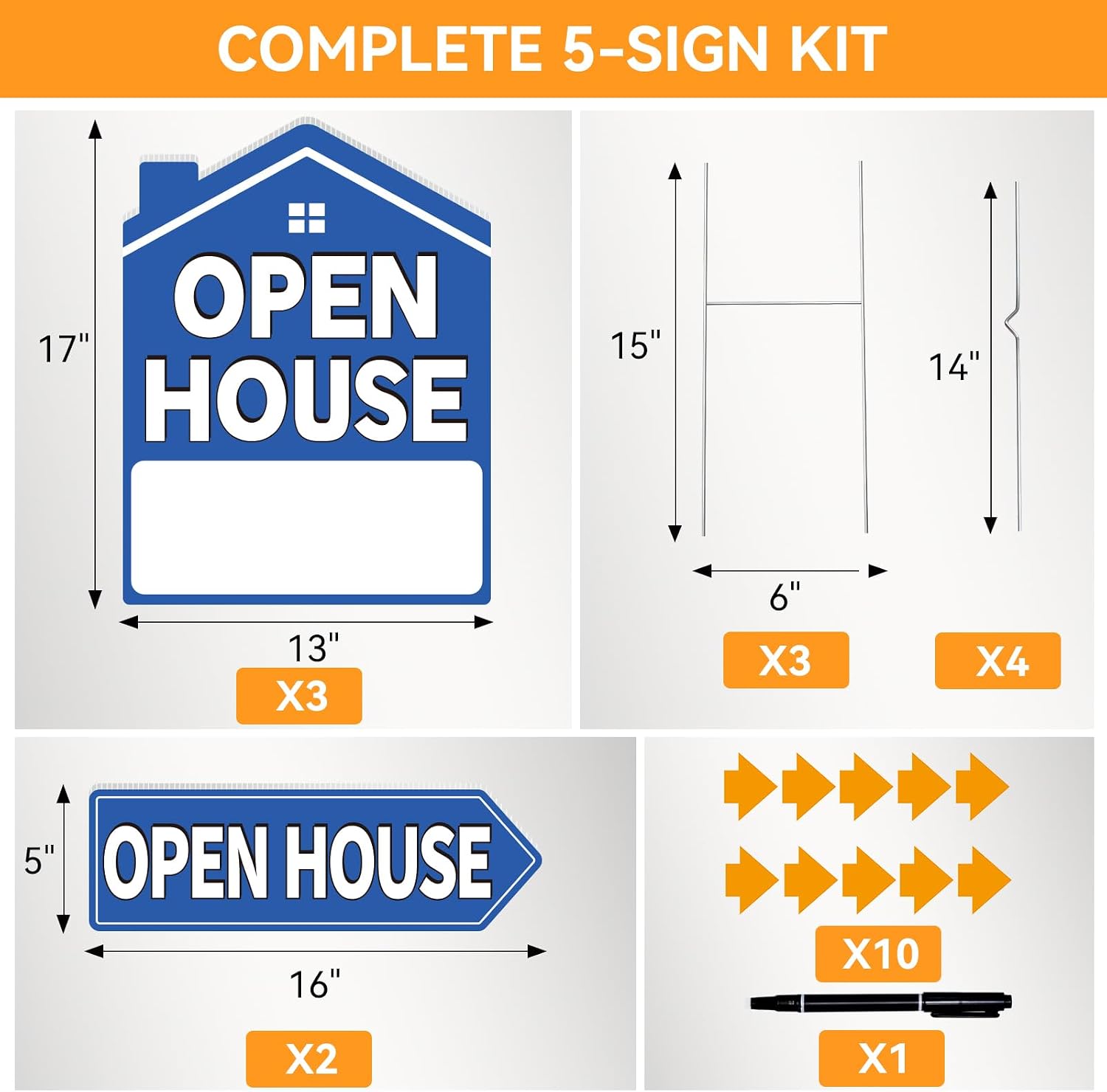 Open House Signs for Real Estate 5 Pack, 17"x13" Open House Sign Double Sided Waterproof, Directional Arrows with Metal Stakes for Real Estate Agent, Property Sale Blue