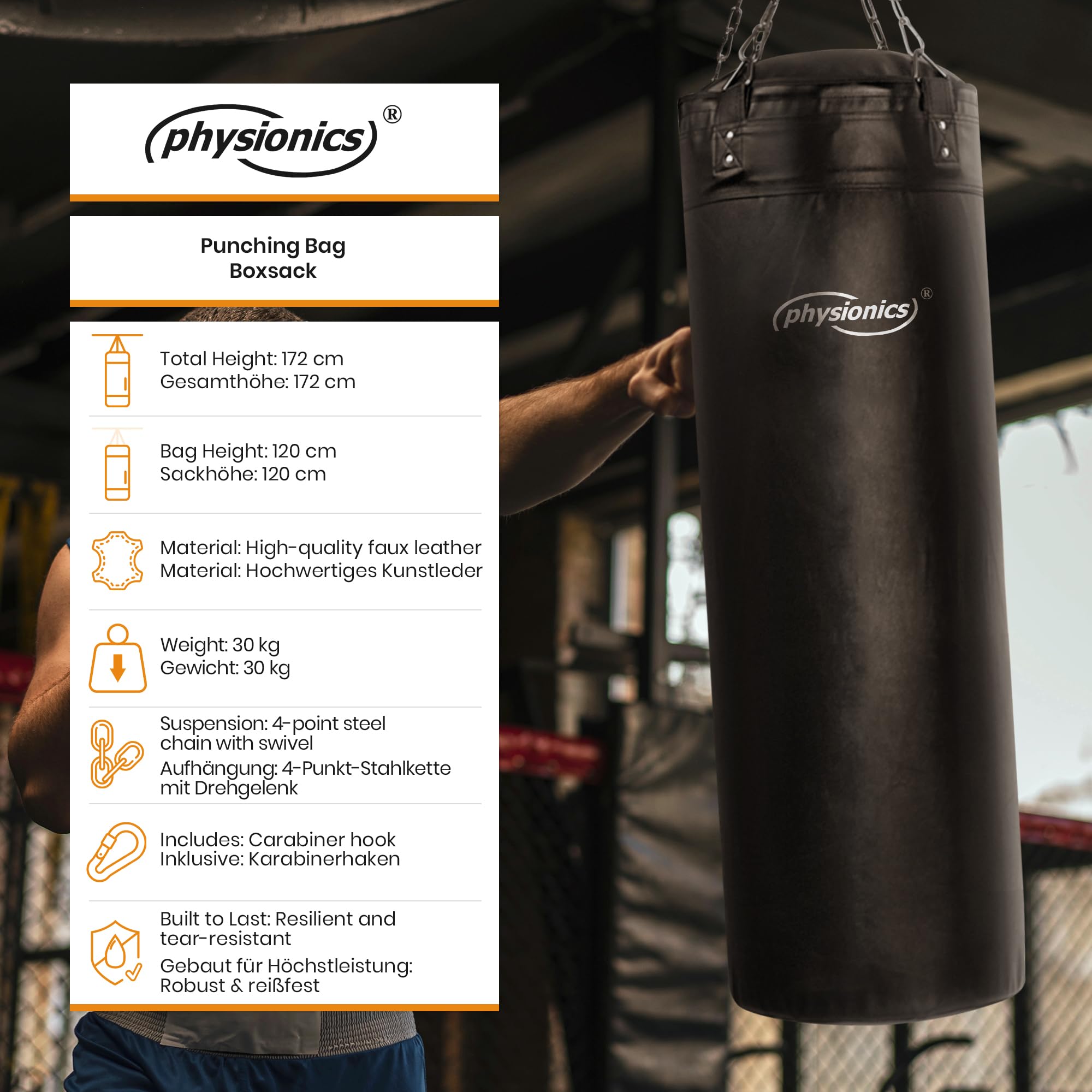Physionics® Sac Frappe - Rempli, 100cm/120cm, 27kg/30kg, 4 Chaînettes, 2 Mousquetons et Crochet Pivotant - Boxe Adulte, Punching Bag, MMA, Muay Thai, Kickboxing, Arts Martiaux