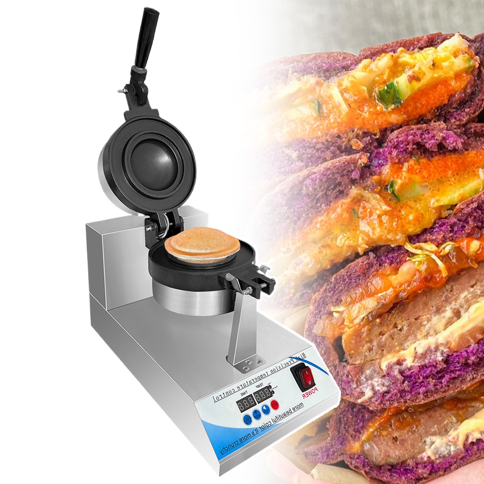 XCSCUK Round Burger Waffle Heat Press Maker,Electric Sandwich Maker Hot Press,Ice Cream Waffle Toaster,for Sweet & Savory Fillings