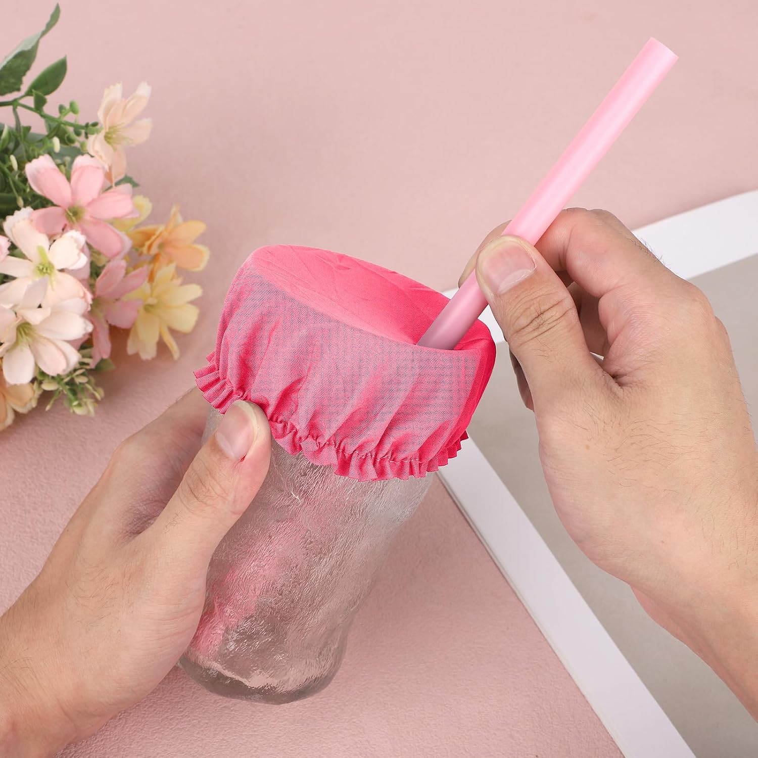 20pcs Reusable Drink Cover, 3.94in Women's Alcohol Safety Protectors with Straw Holes Elastic Cup Cap Glass Bottle Lids for Nightclub Bar Party (10 Colors)