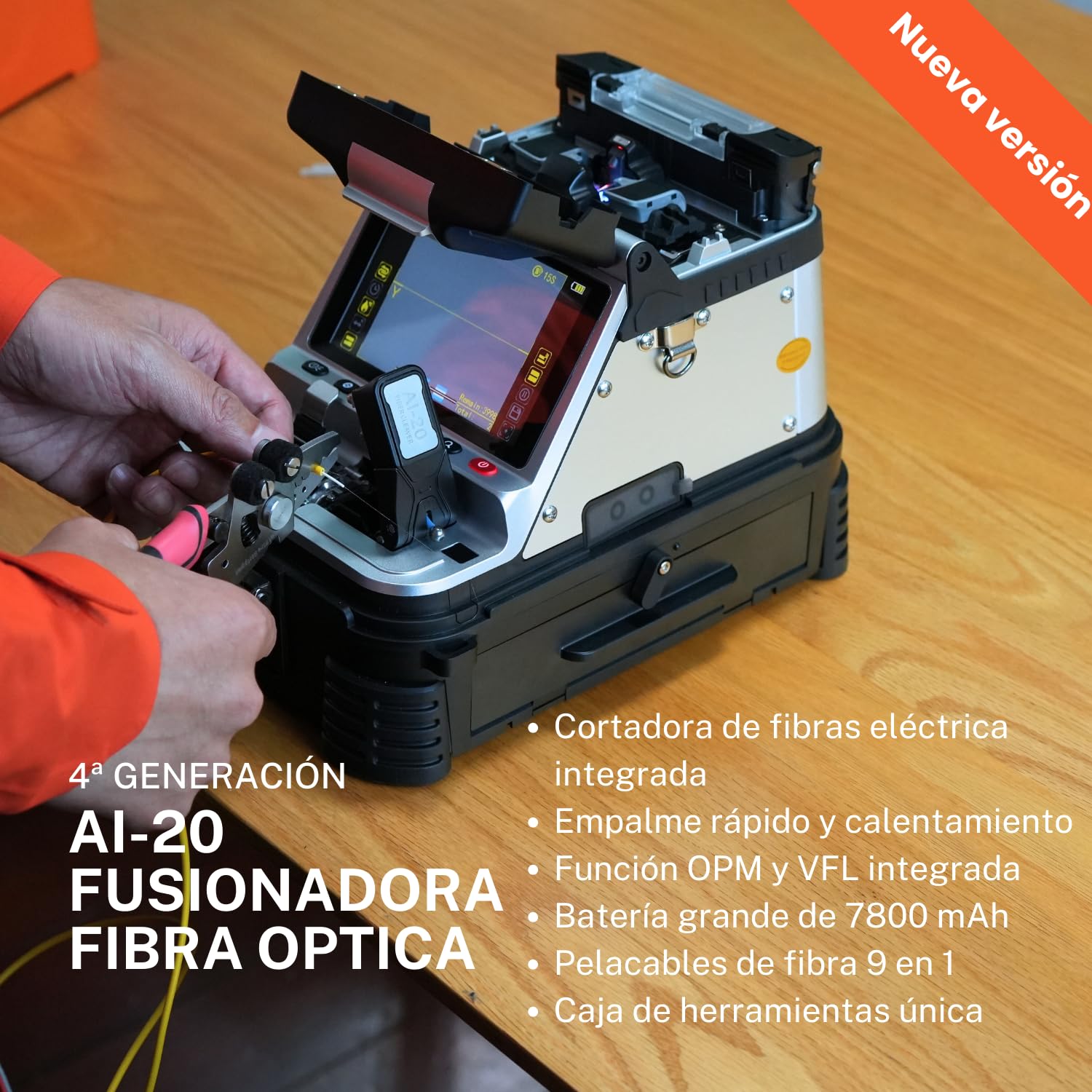 Fusionadora de fibra óptica AI-20 con cortadora eléctrica, kit de empalmador con OPM VFL y batería de 7800 mAh